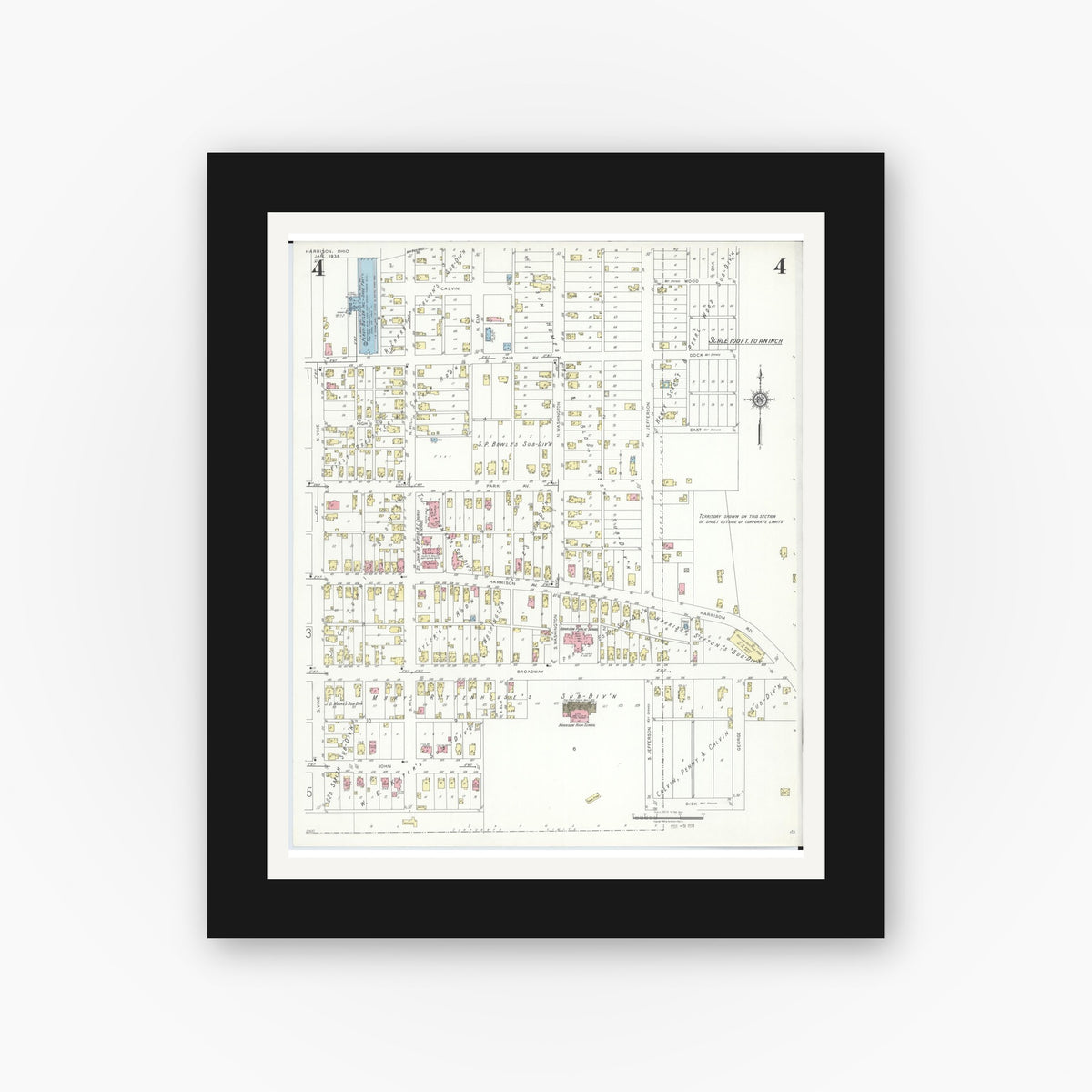 Old map wall art mockup — black gallery frame with white mat — Sanborn Fire Insurance Map from Harrison, Hamilton County, Ohio (1938), Sheet #0004