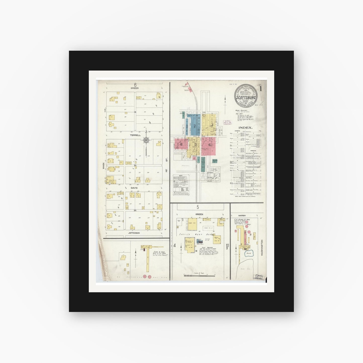 Old map wall art mockup — black gallery frame with white mat — Sanborn Fire Insurance Map from Scottsburg, Scott County, Indiana (1911) - Complete Map Set