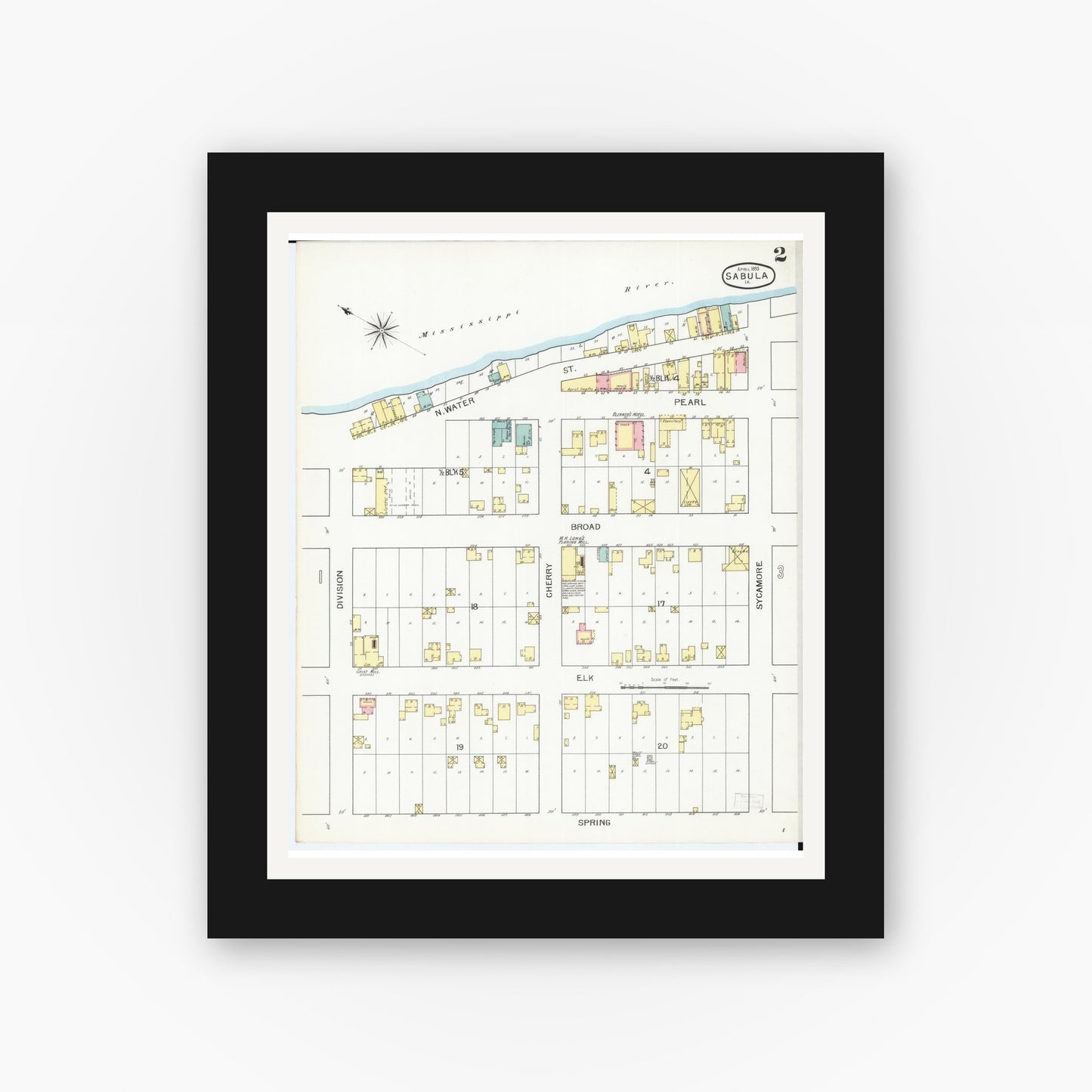 Old map wall art mockup — black gallery frame with white mat — Sanborn Fire Insurance Map from Sabula, Jackson County, Iowa (1893), Sheet #0002