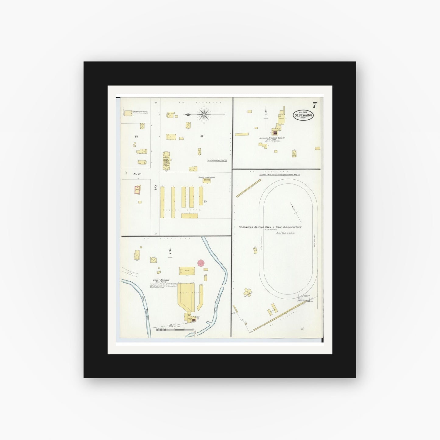 Old map wall art mockup — black gallery frame with white mat — Sanborn Fire Insurance Map from Sebewaing, Huron County, Michigan (1909), Sheet #0007