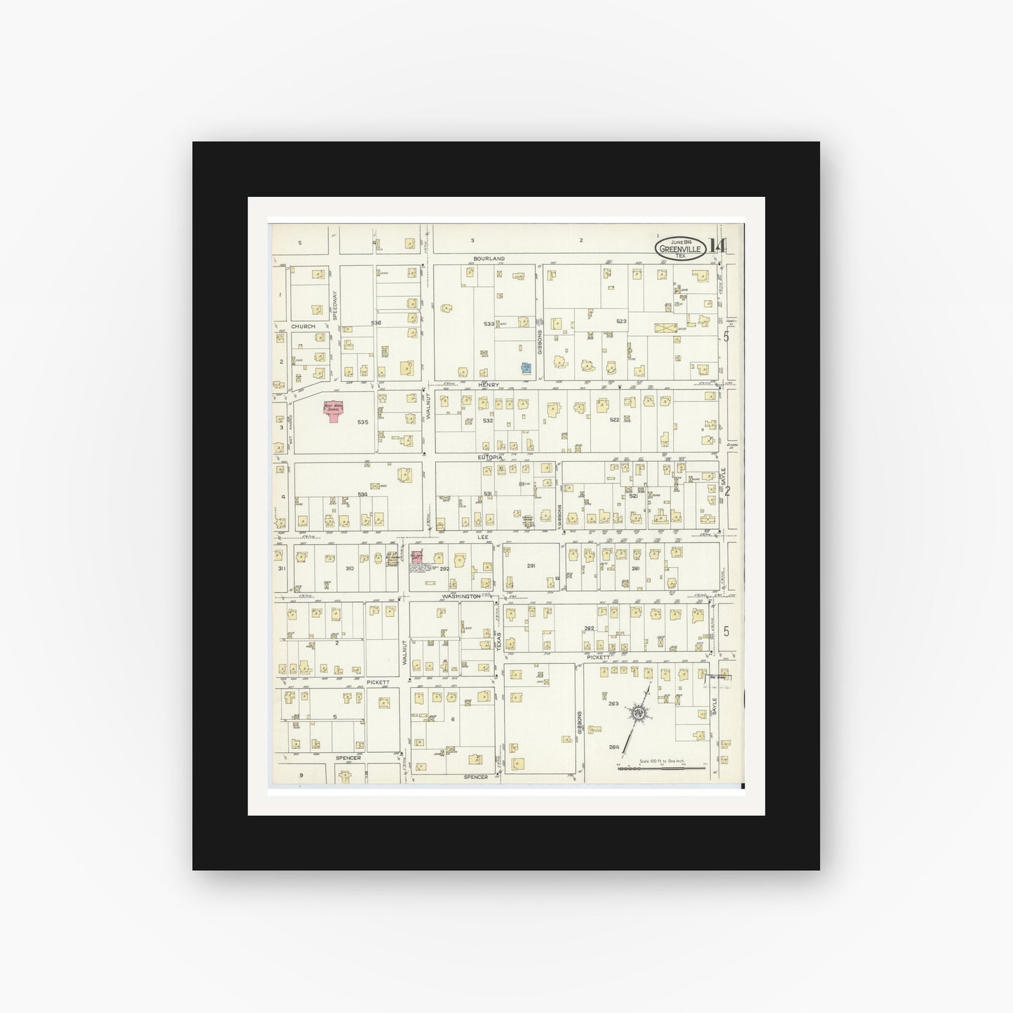 Old map wall art mockup — black gallery frame with white mat — Sanborn Fire Insurance Map from Greenville, Hunt County, Texas (1914), Sheet #0014