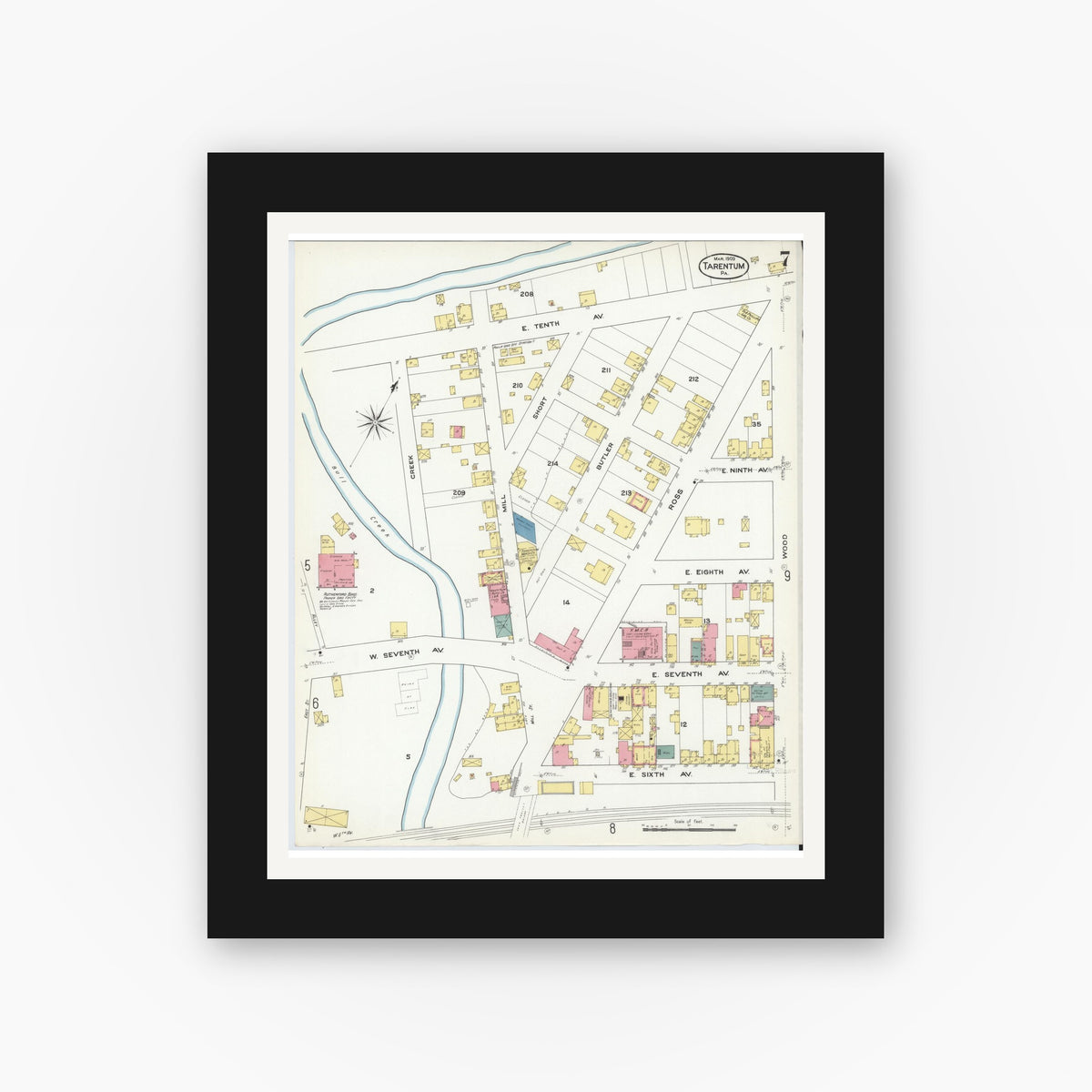 Old map wall art mockup — black gallery frame with white mat — Sanborn Fire Insurance Map from Tarentum, Allegheny County, Pennsylvania (1909), Sheet #0007