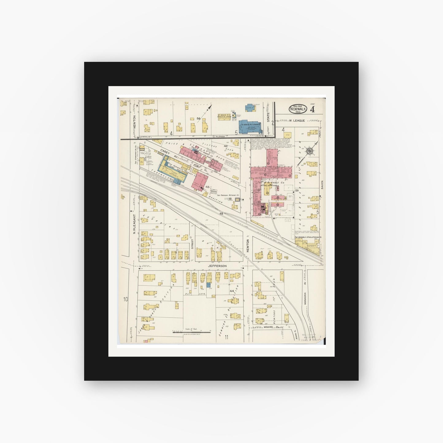 Old map wall art mockup — black gallery frame with white mat — Sanborn Fire Insurance Map from Norwalk, Huron County, Ohio (1922), Sheet #0004