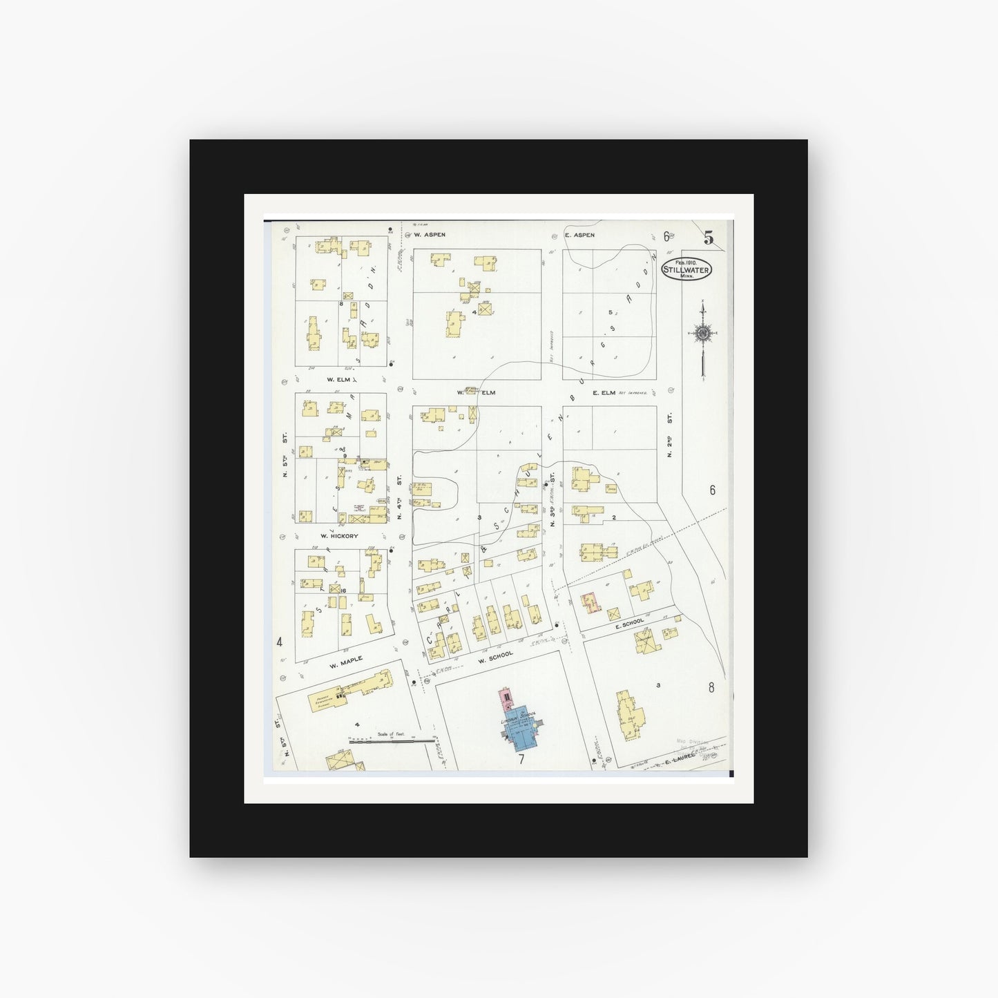 Old map wall art mockup — black gallery frame with white mat — Sanborn Fire Insurance Map from Stillwater, Washington County, Minnesota (1910), Sheet #0005