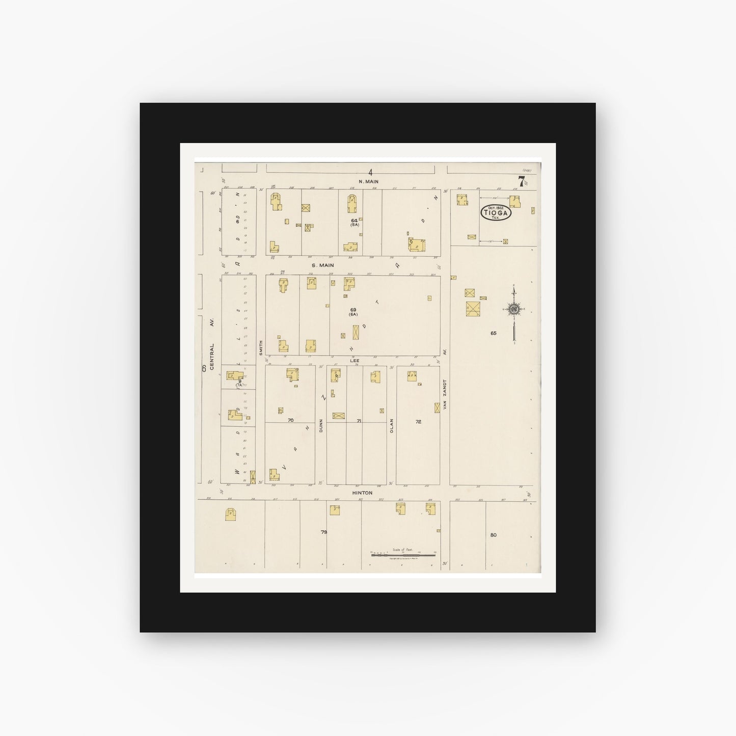 Old map wall art mockup — black gallery frame with white mat — Sanborn Fire Insurance Map from Tioga, Grayton County, Texas (1922), Sheet #0007