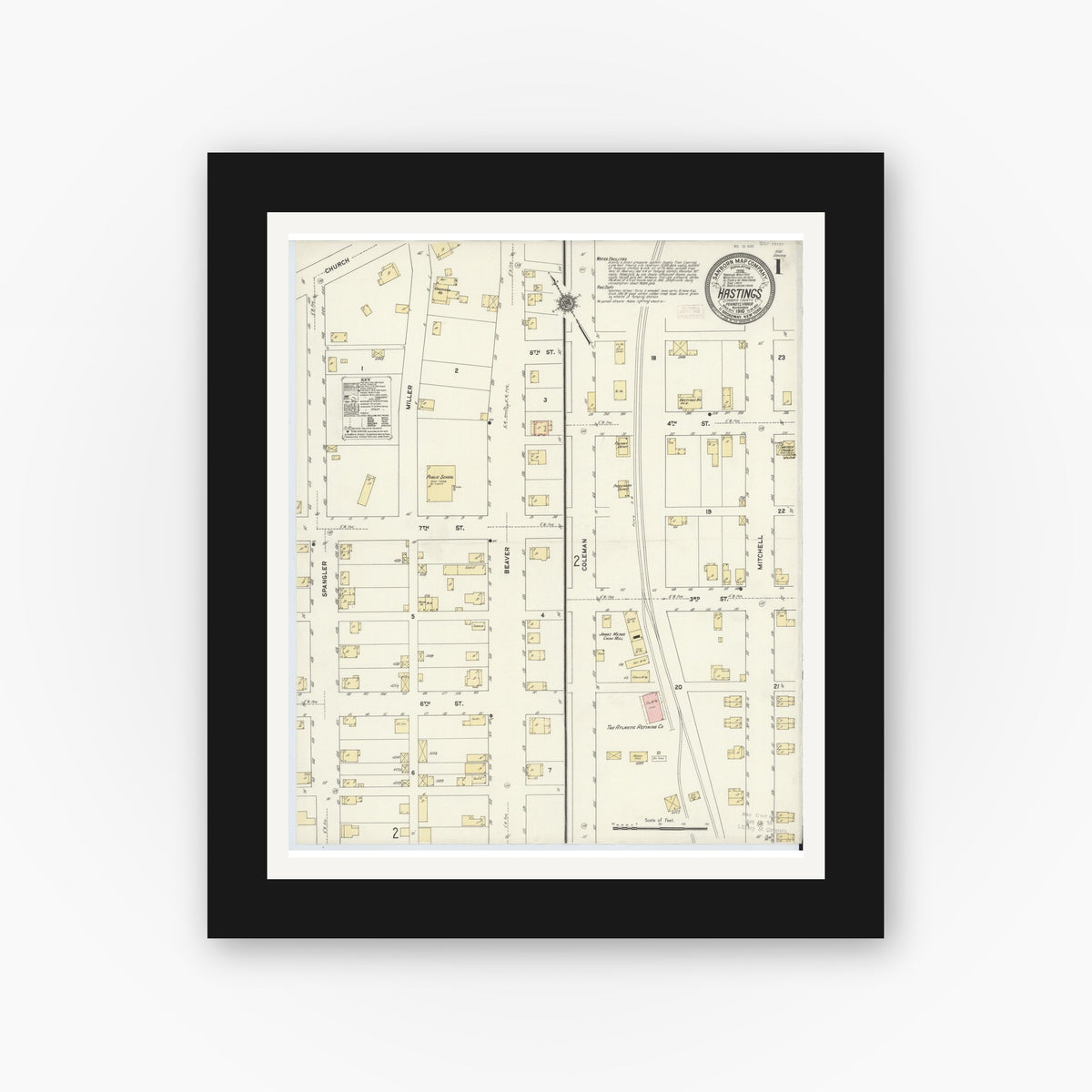 Old map wall art mockup — black gallery frame with white mat — Sanborn Fire Insurance Map from Hastings, Cambria County, Pennsylvania (1910) - Complete Map Set