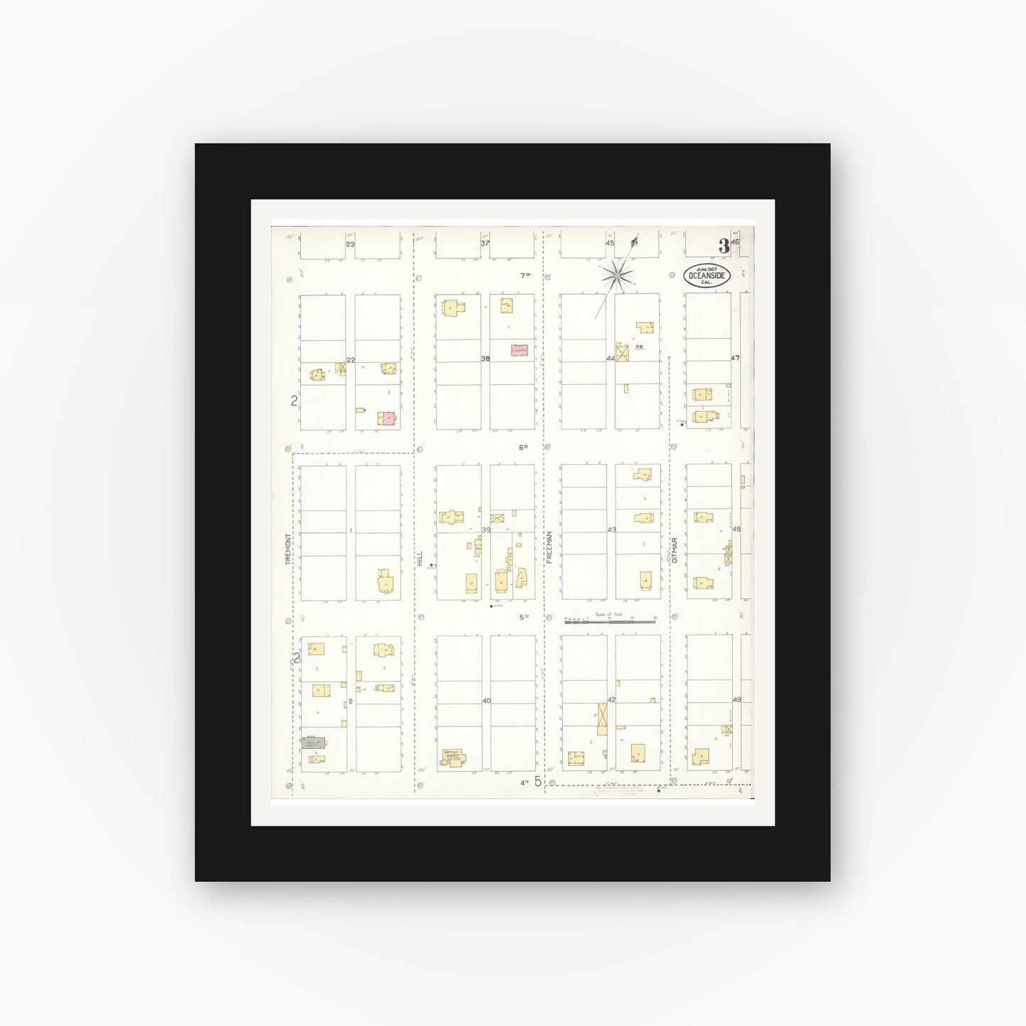 Old map wall art mockup — black gallery frame with white mat — Sanborn Fire Insurance Map from Oceanside, San Diego County, California (1907), Sheet #0003