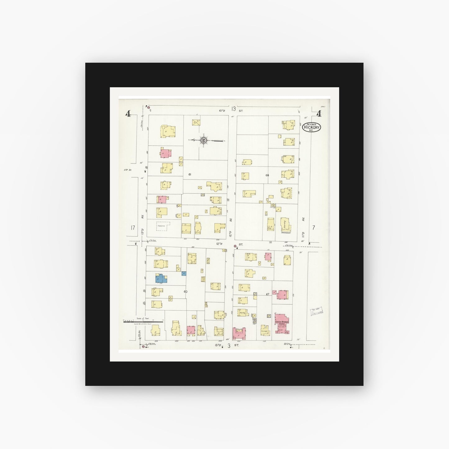Old map wall art mockup — black gallery frame with white mat — Sanborn Fire Insurance Map from Hickory, Catawba County, North Carolina (1925), Sheet #0004