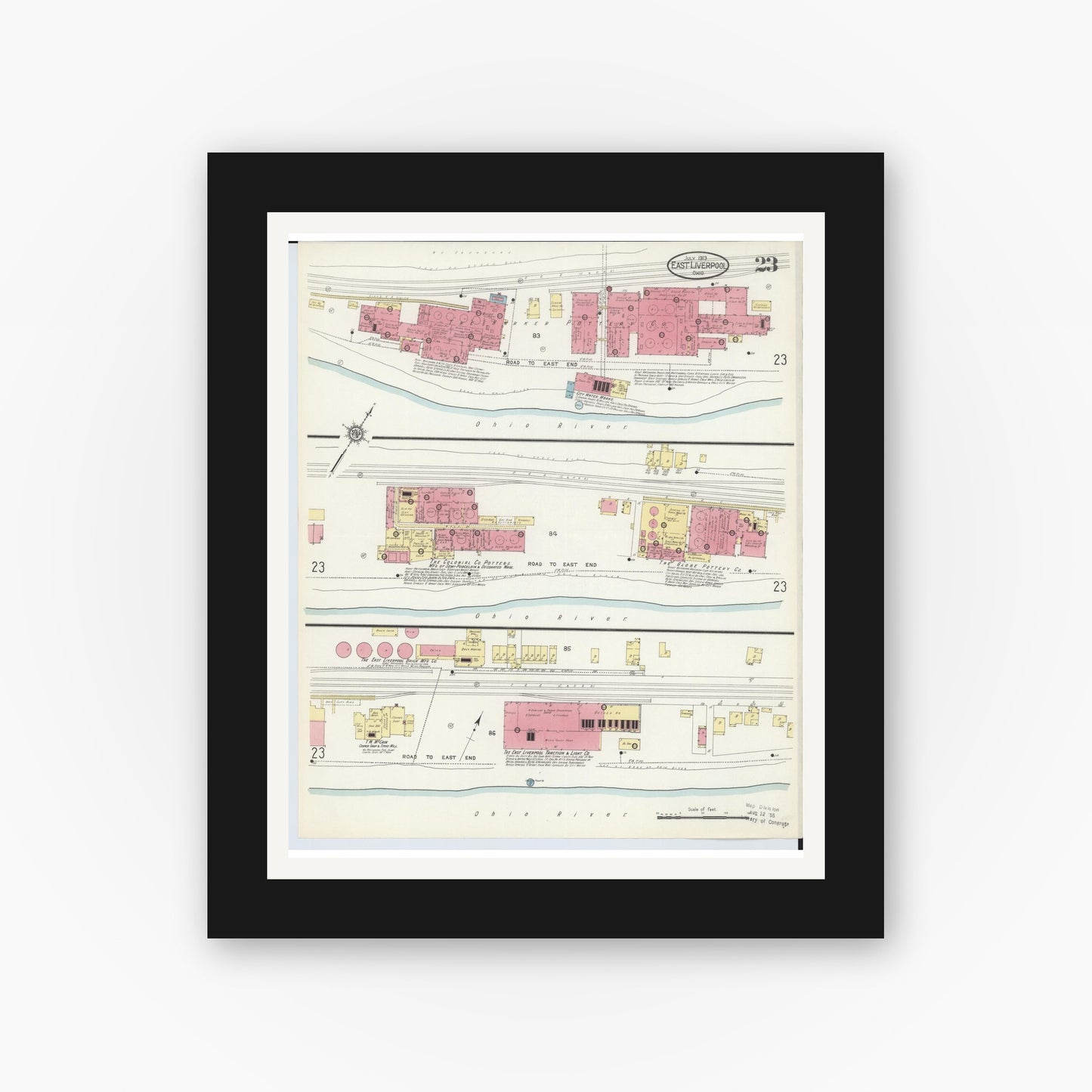 Old map wall art mockup — black gallery frame with white mat — Sanborn Fire Insurance Map from East Liverpool, Columbiana County, Ohio (1913), Sheet #0023