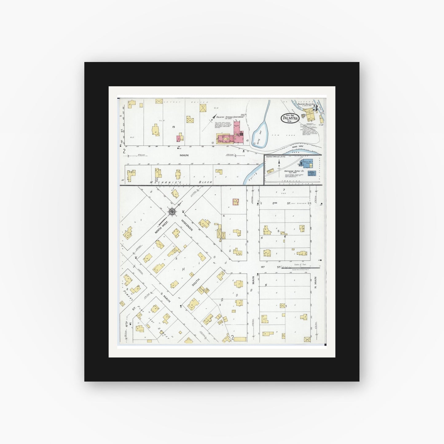 Old map wall art mockup — black gallery frame with white mat — Sanborn Fire Insurance Map from Palmyra, Jefferson County, Wisconsin (1919), Sheet #0003