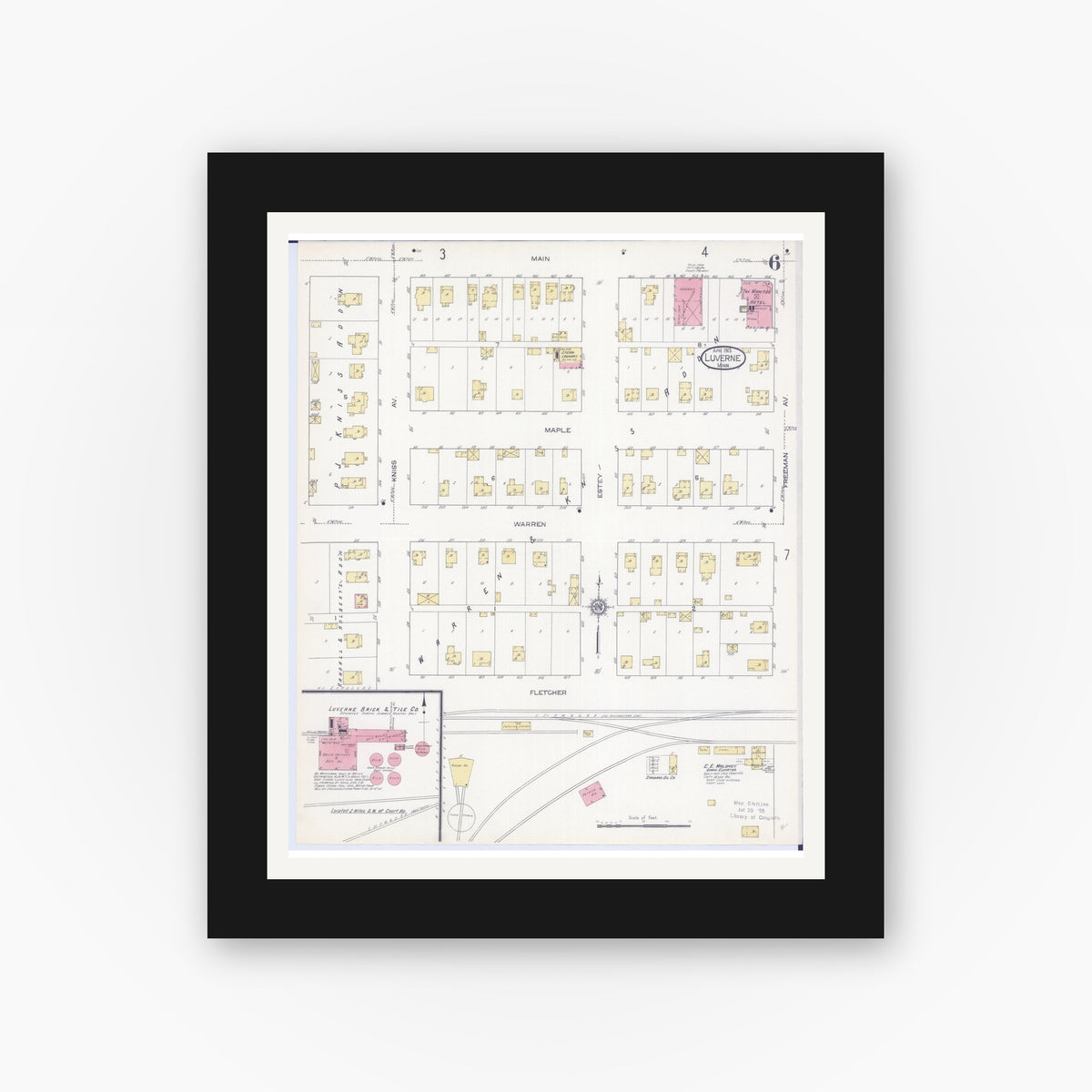 Old map wall art mockup — black gallery frame with white mat — Sanborn Fire Insurance Map from Luverne, Rock County, Minnesota (1913), Sheet #0006