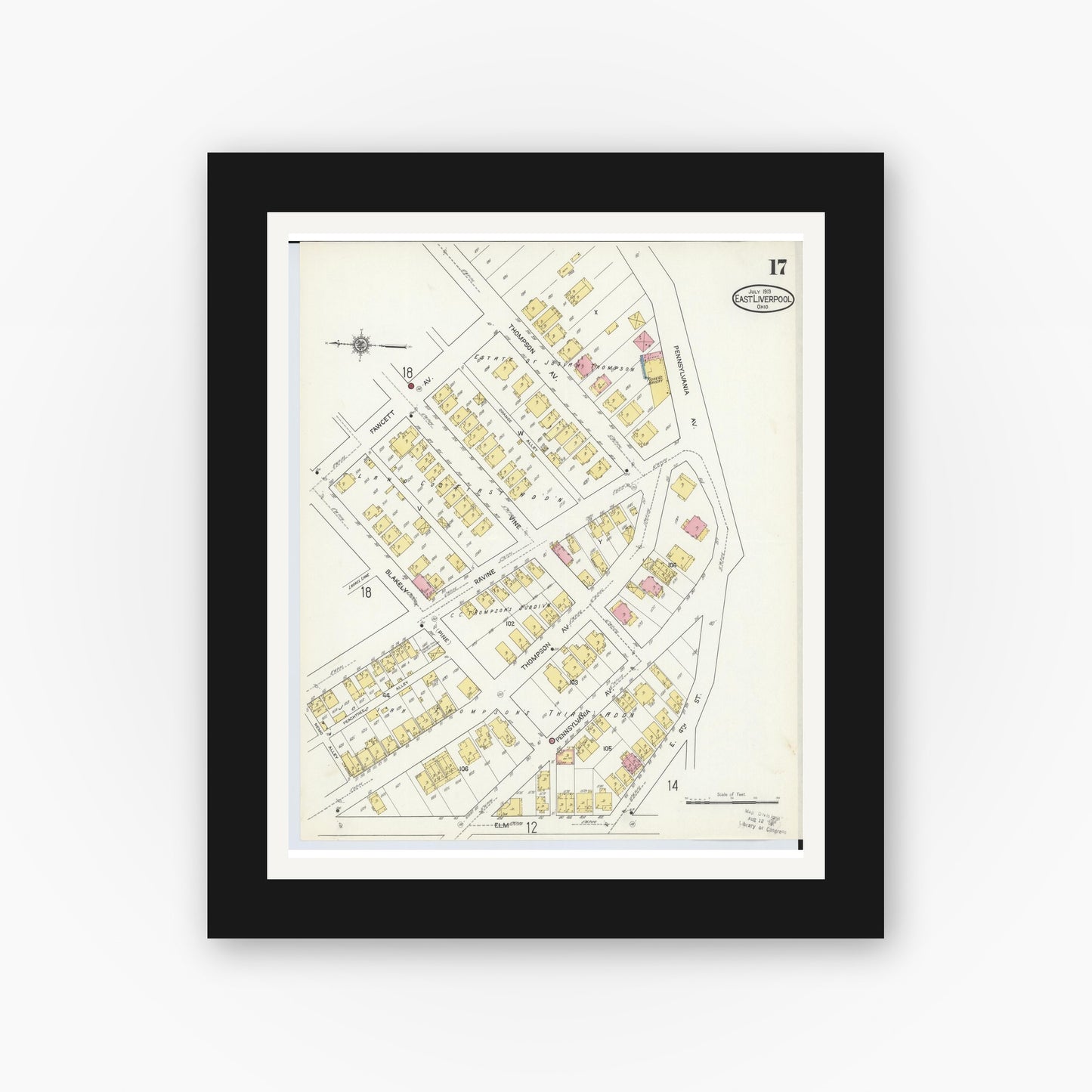 Old map wall art mockup — black gallery frame with white mat — Sanborn Fire Insurance Map from East Liverpool, Columbiana County, Ohio (1913), Sheet #0017