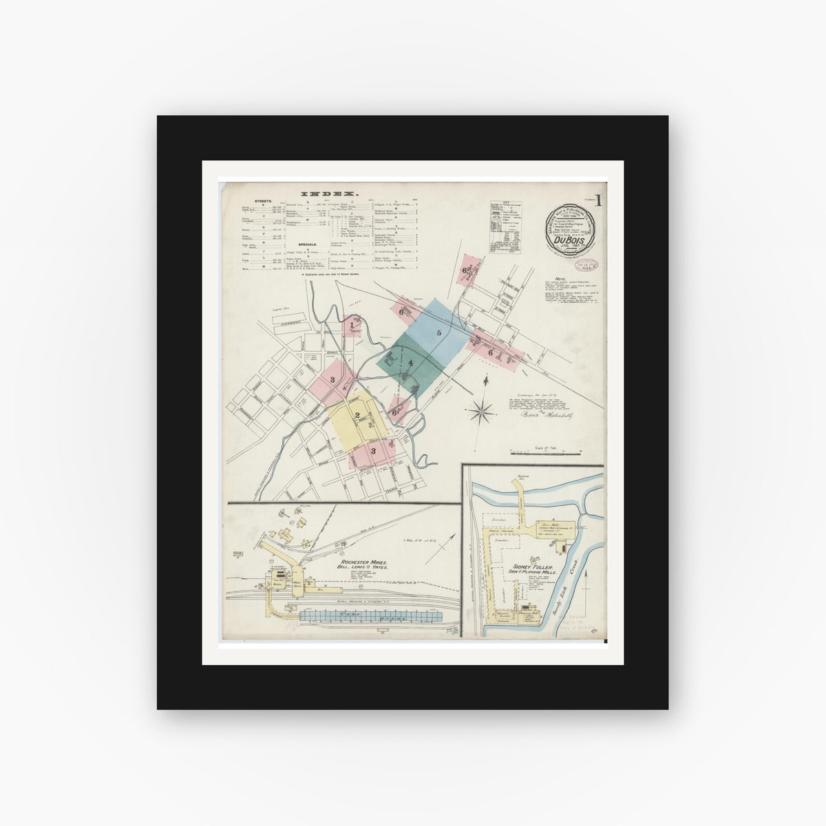 Old map wall art mockup — black gallery frame with white mat — Sanborn Fire Insurance Map from Du Bois, Clearfield County, Pennsylvania (1887) - Complete Map Set