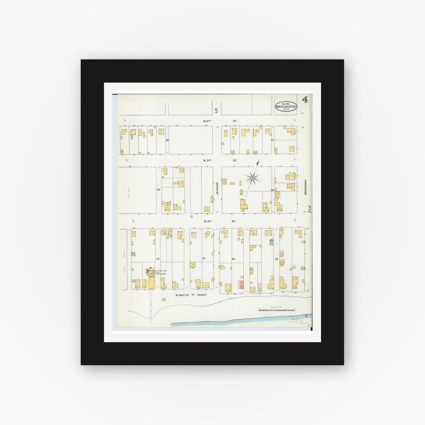 Old map wall art mockup — black gallery frame with white mat — Sanborn Fire Insurance Map from Manchester, Adams County, Ohio (1904), Sheet #0004