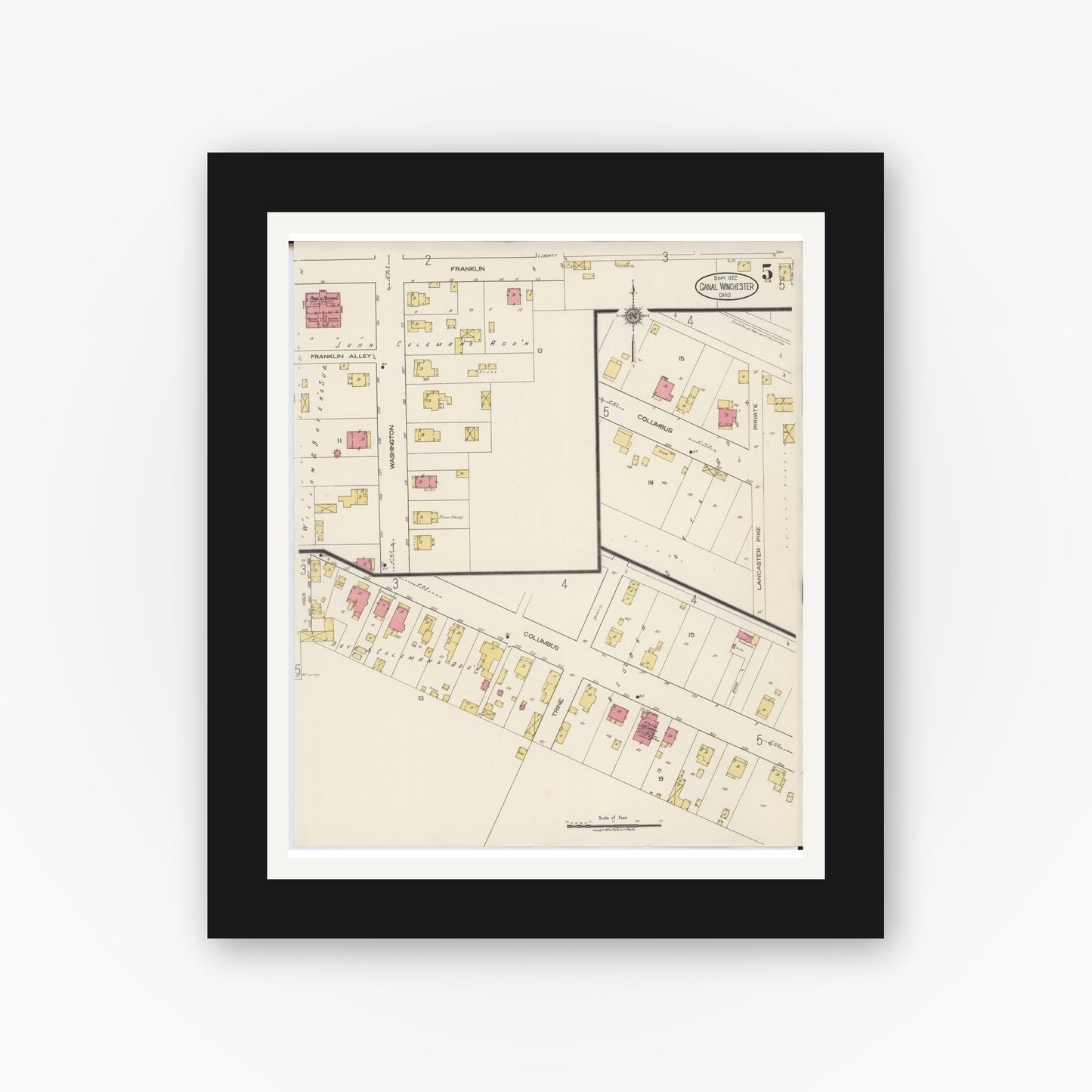 Old map wall art mockup — black gallery frame with white mat — Sanborn Fire Insurance Map from Canal Winchester, Franklin County, Ohio (1922), Sheet #0005