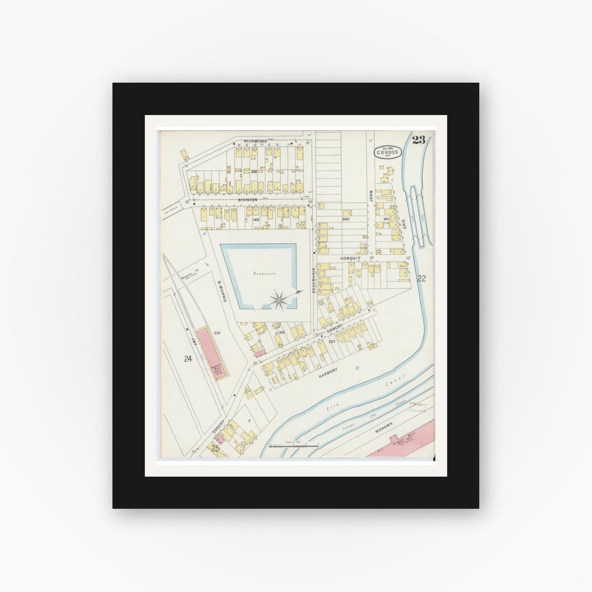 Old map wall art mockup — black gallery frame with white mat — Sanborn Fire Insurance Map from Cohoes, Albany County, New York (1896), Sheet #0023