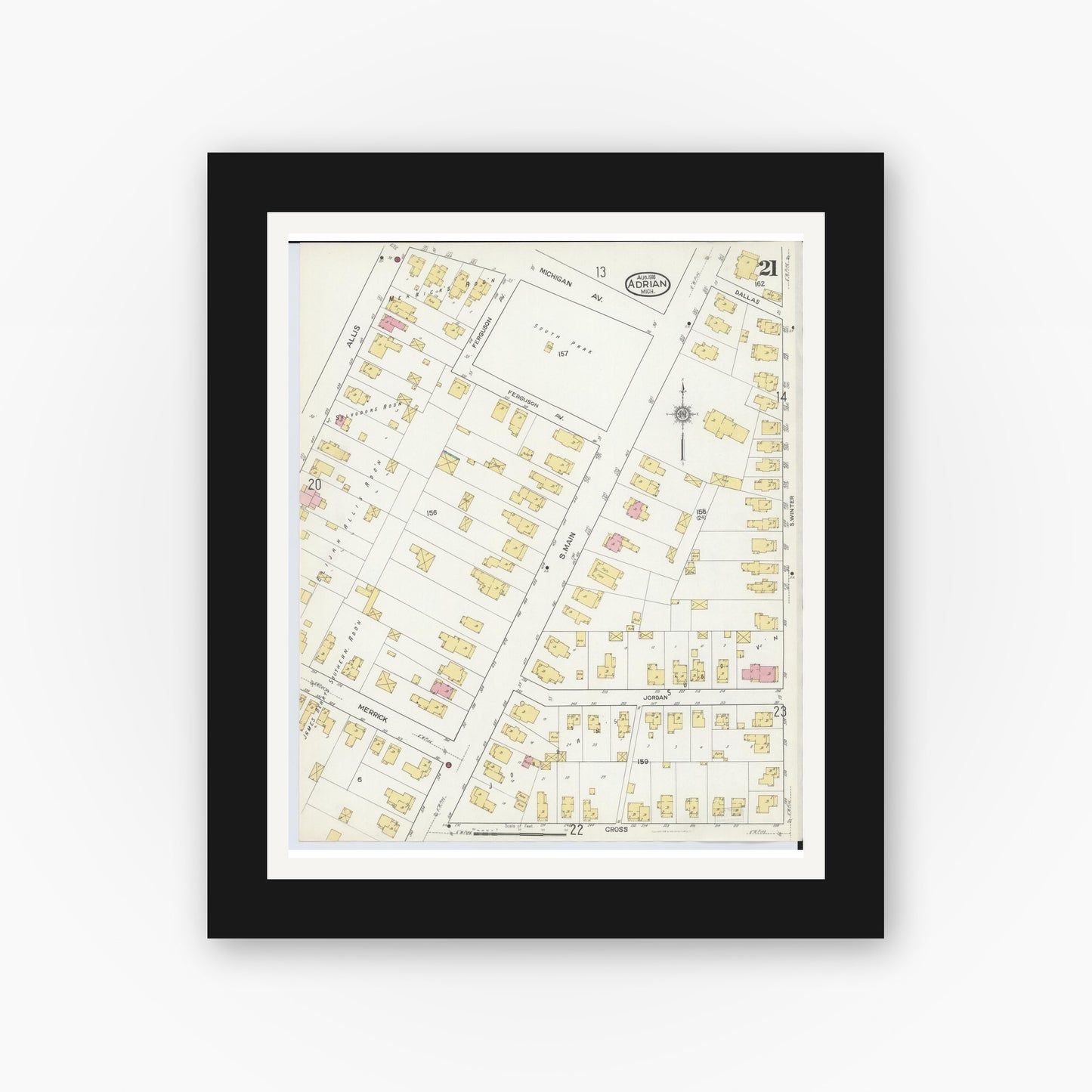 Old map wall art mockup — black gallery frame with white mat — Sanborn Fire Insurance Map from Adrian, Lenawee County, Michigan (1916), Sheet #0021