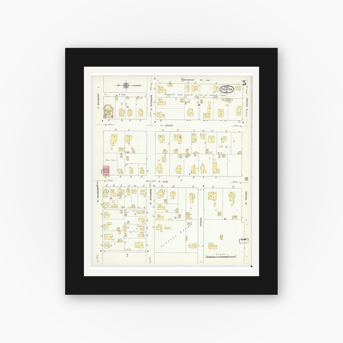 Old map wall art mockup — black gallery frame with white mat — Sanborn Fire Insurance Map from Denton, Denton County, Texas (1912), Sheet #0005