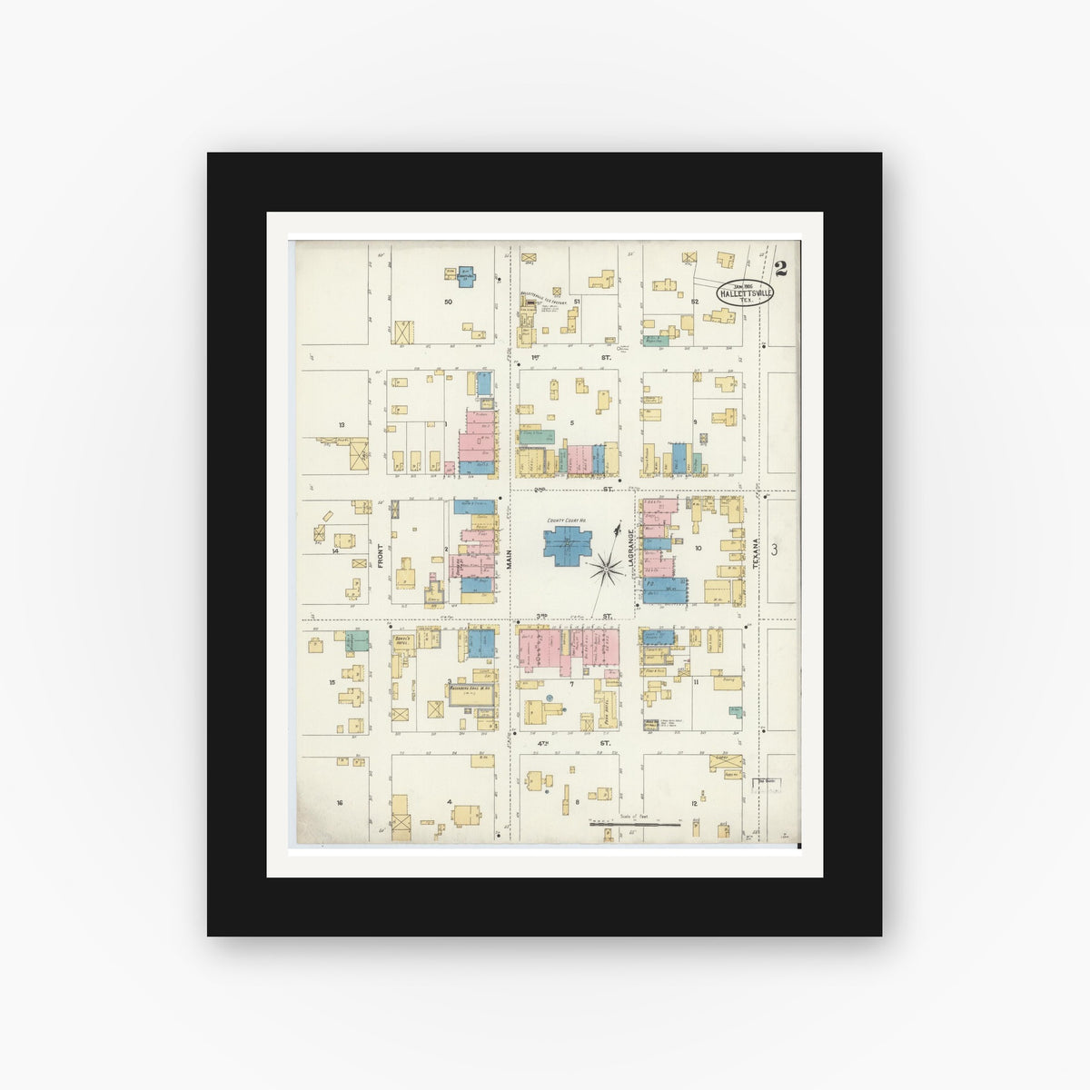 Old map wall art mockup — black gallery frame with white mat — Sanborn Fire Insurance Map from Hallettsville, Lavaca County, Texas (1906), Sheet #0002