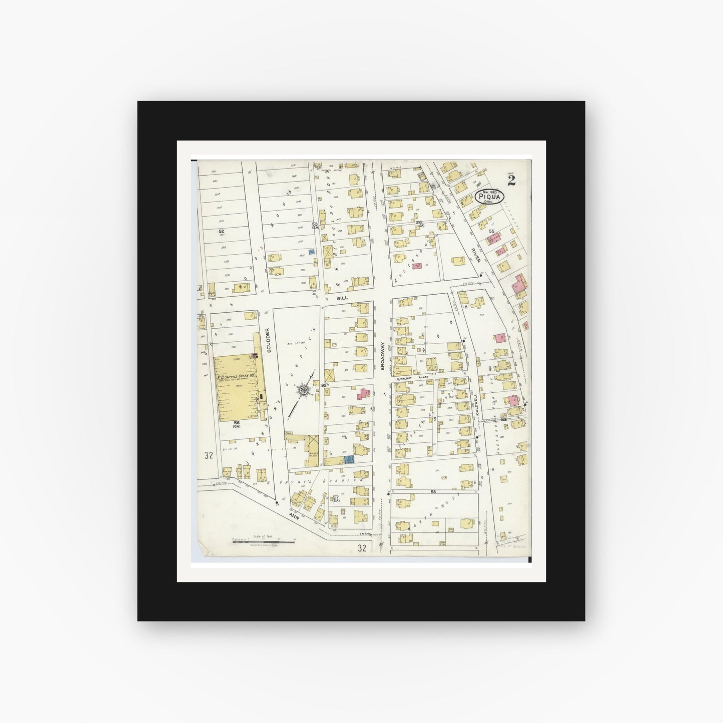 Old map wall art mockup — black gallery frame with white mat — Sanborn Fire Insurance Map from Piqua, Miami County, Ohio (1920), Sheet #0002