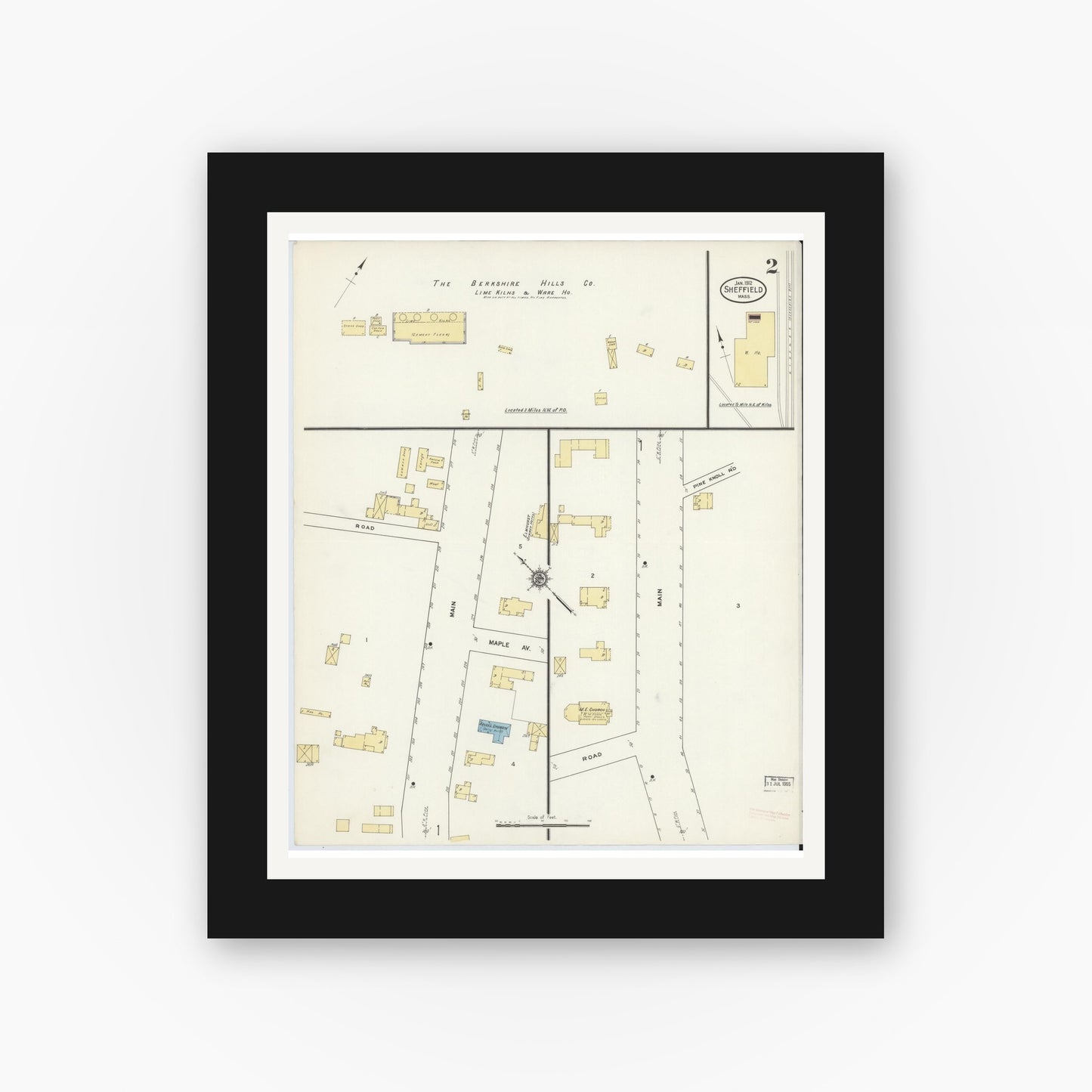 Old map wall art mockup — black gallery frame with white mat — Sanborn Fire Insurance Map from Sheffield, Berkshire County, Massachusetts (1912), Sheet #0002