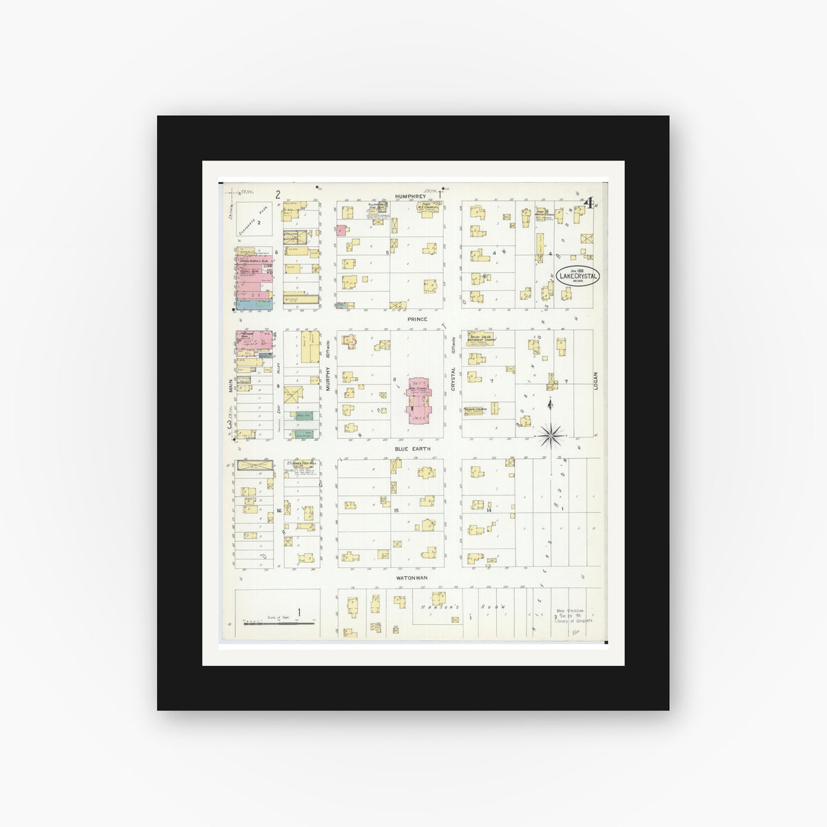 Old map wall art mockup — black gallery frame with white mat — Sanborn Fire Insurance Map from Lake Crystal, Blue Earth County, Minnesota (1908), Sheet #0004