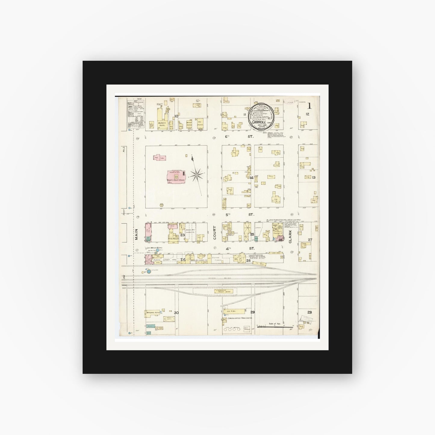Old map wall art mockup — black gallery frame with white mat — Sanborn Fire Insurance Map from Carroll, Carroll County, Iowa (1889) — Complete Set