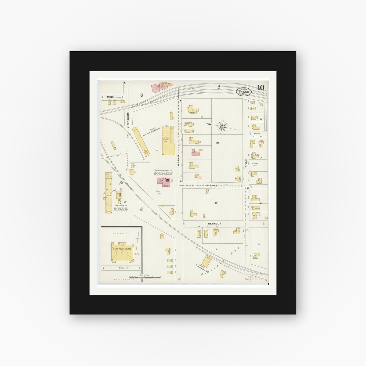 Old map wall art mockup — black gallery frame with white mat — Sanborn Fire Insurance Map from Tyler, Smith County, Texas (1898), Sheet #0010