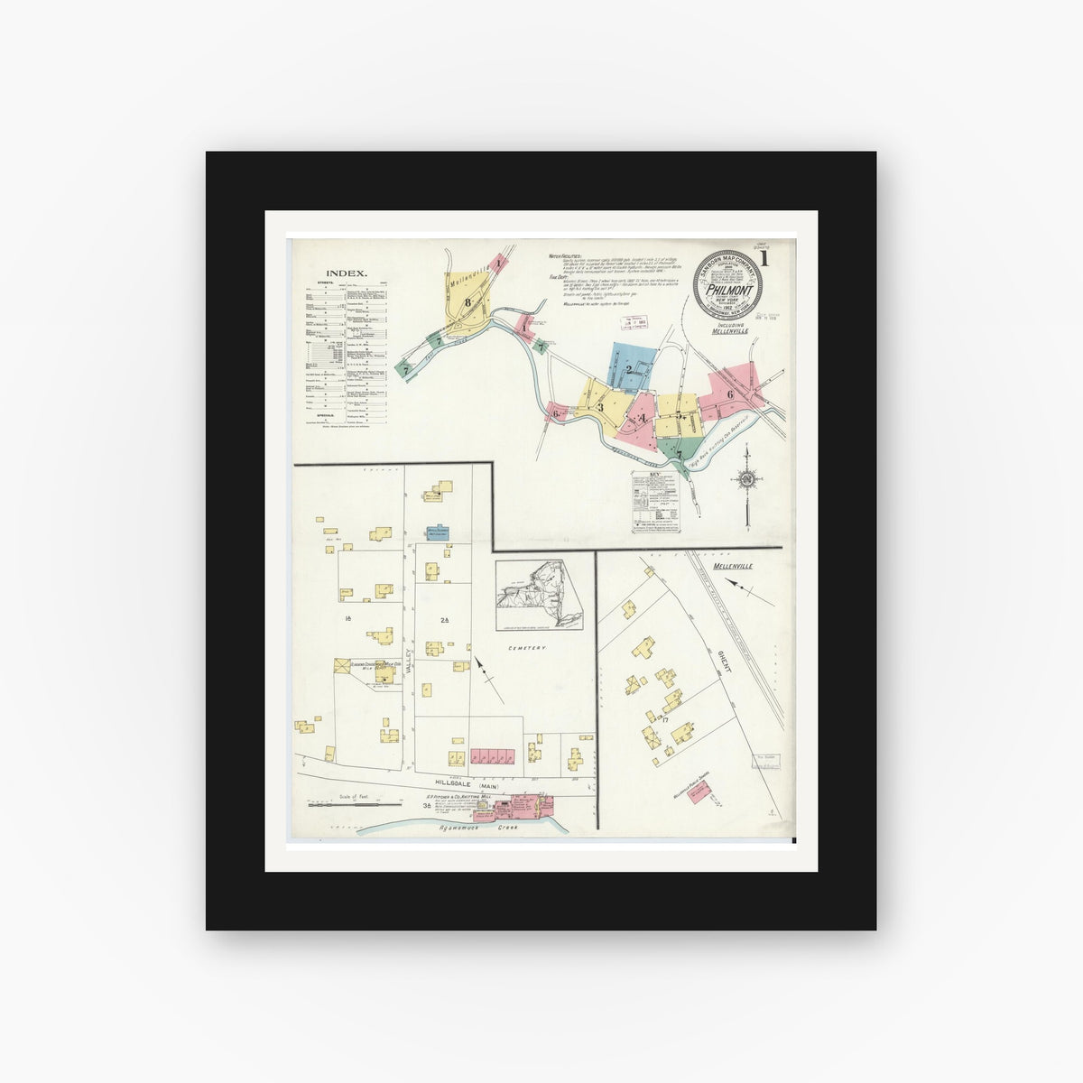 Old map wall art mockup — black gallery frame with white mat — Sanborn Fire Insurance Map from Philmont, Columbia County, New York (1912) - Complete Map Set