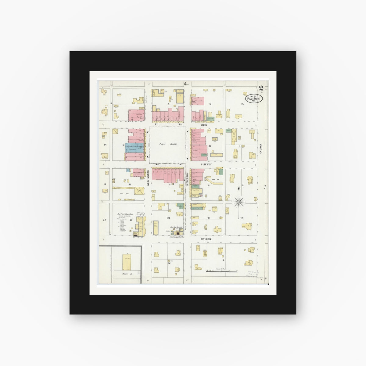 Old map wall art mockup — black gallery frame with white mat — Sanborn Fire Insurance Map from Pilot Point, Denton County, Texas (1901), Sheet #0002