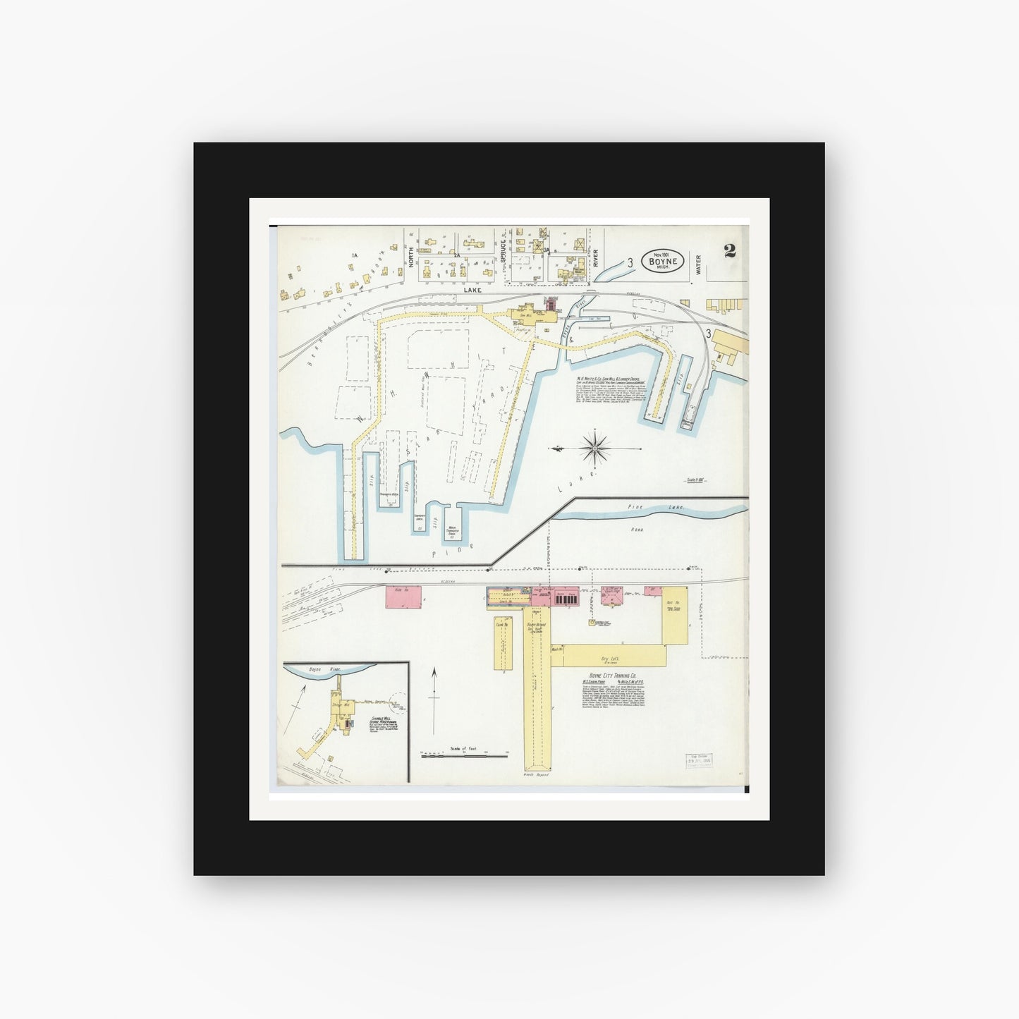 Old map wall art mockup — black gallery frame with white mat — Sanborn Fire Insurance Map from Boyne City, Charlevoix County, Michigan (1901), Sheet #0002