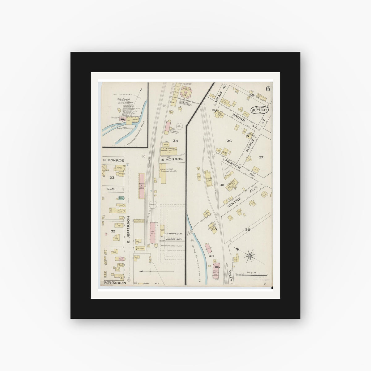 Old map wall art mockup β black gallery frame with white mat β Sanborn Fire Insurance Map from Butler, Butler County, Pennsylvania (1886), Sheet #0006