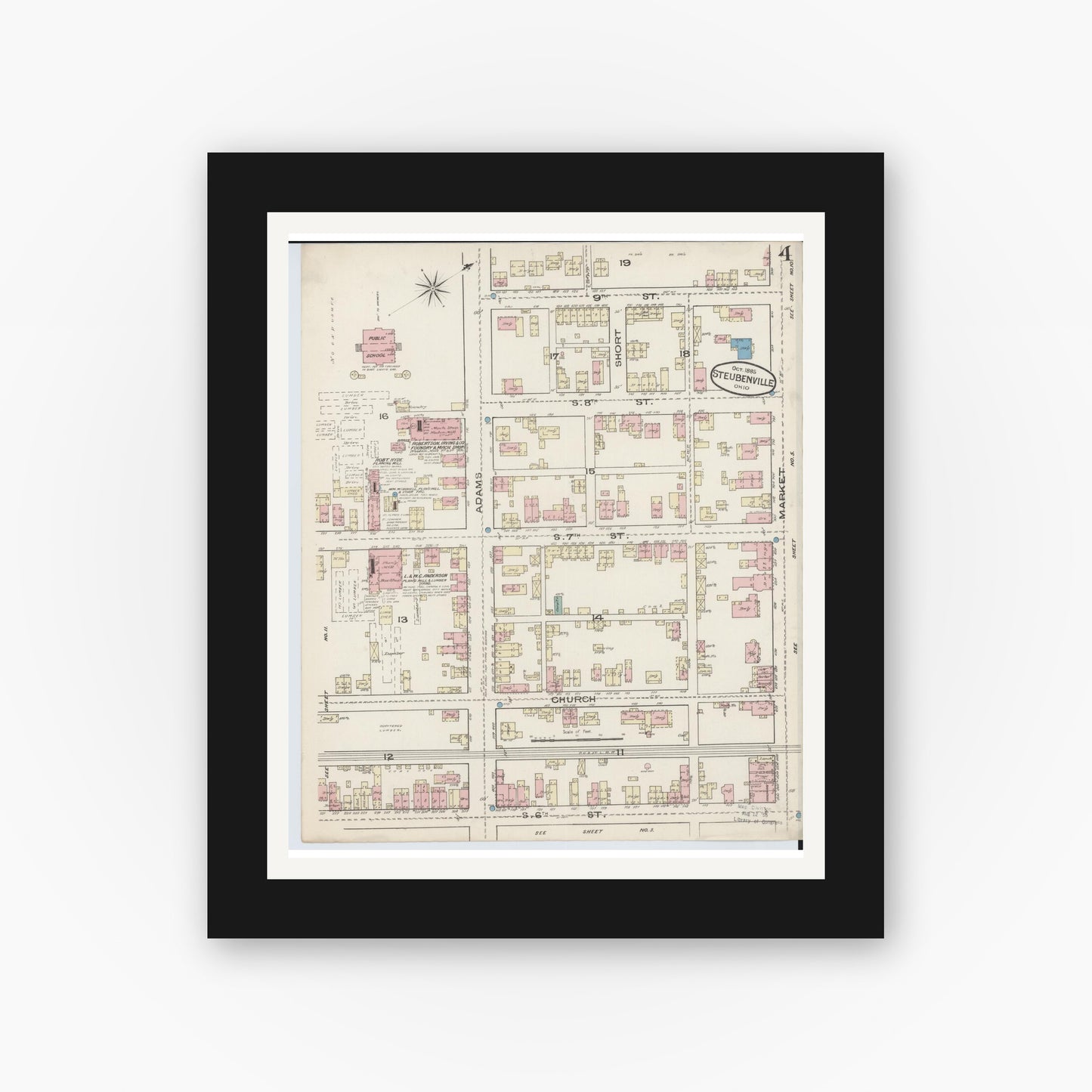 Old map wall art mockup — black gallery frame with white mat — Sanborn Fire Insurance Map from Steubenville, Jefferson County, Ohio (1885), Sheet #0004