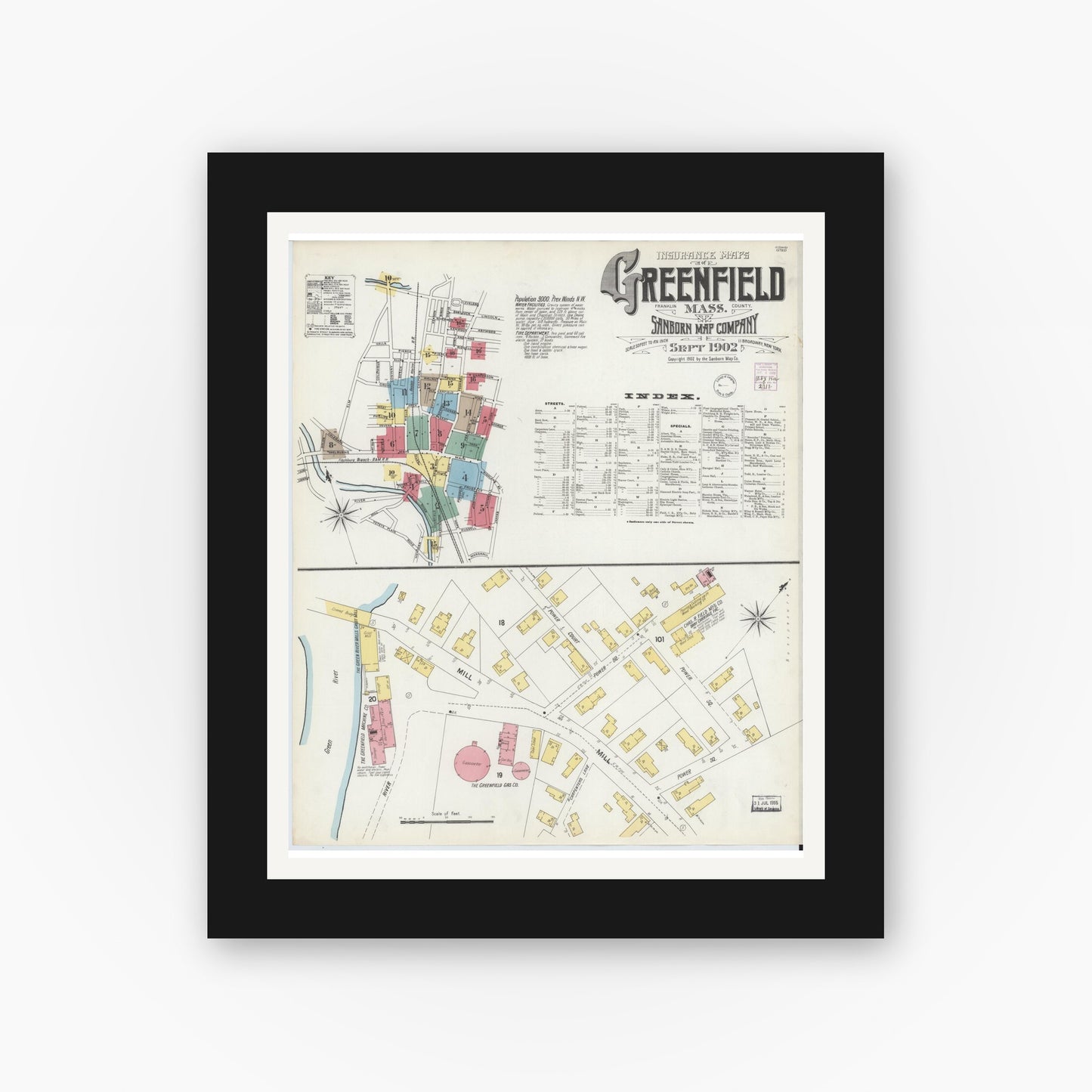 Old map wall art mockup — black gallery frame with white mat — Sanborn Fire Insurance Map from Greenfield, Franklin County, Massachusetts (1902) - Complete Map Set
