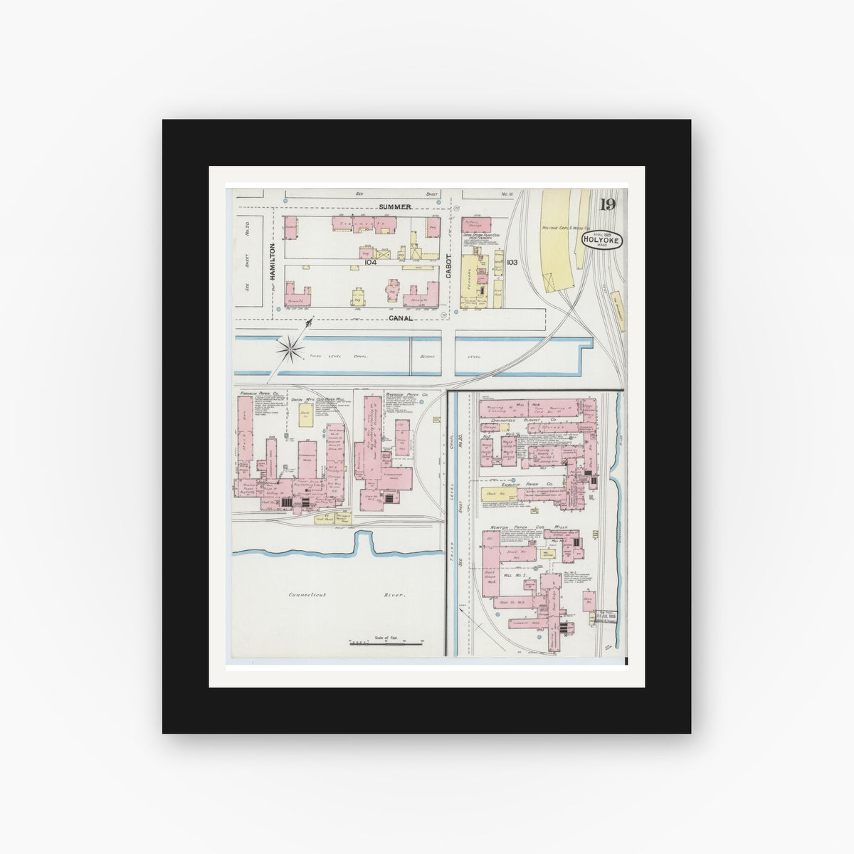 Old map wall art mockup — black gallery frame with white mat — Sanborn Fire Insurance Map from Holyoke, Hampden County, Massachusetts (1889), Sheet #0019
