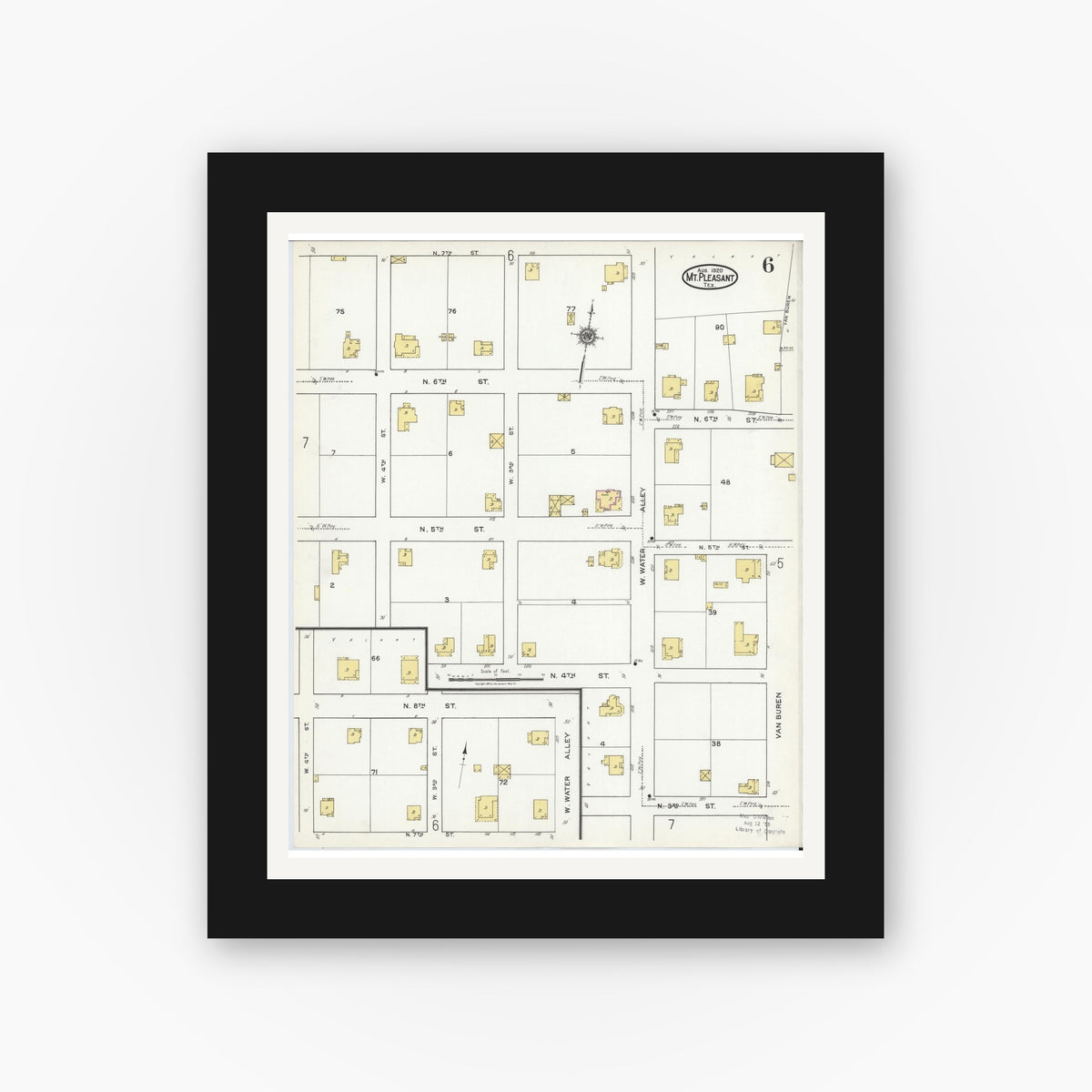 Old map wall art mockup — black gallery frame with white mat — Sanborn Fire Insurance Map from Mount Pleasant, Titus County, Texas (1920), Sheet #0006
