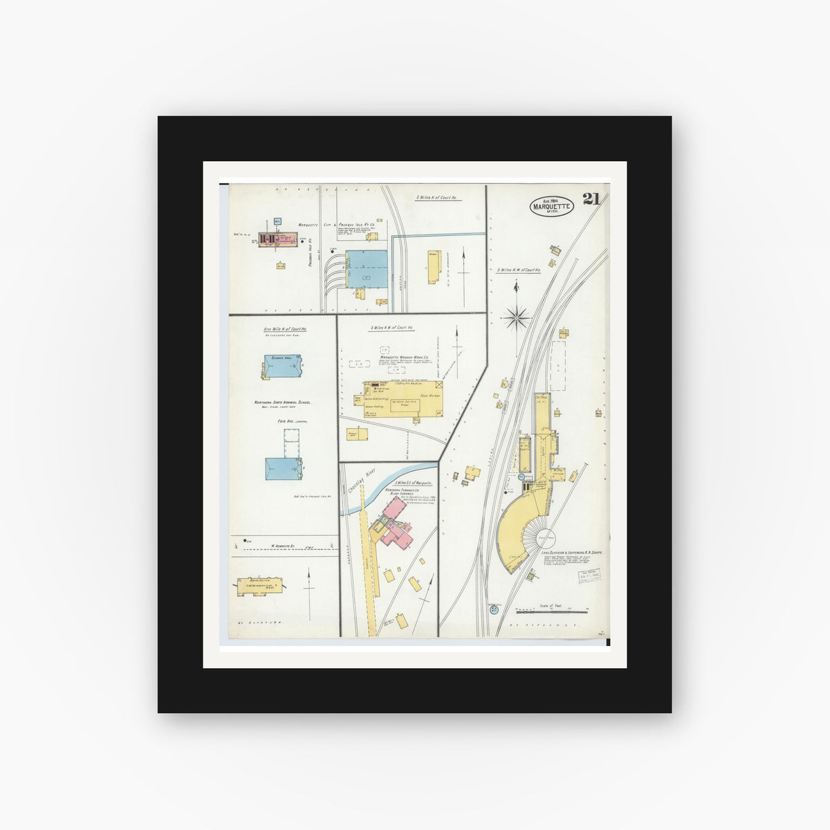 Old map wall art mockup — black gallery frame with white mat — Sanborn Fire Insurance Map from Marquette, Marquette County, Michigan (1904), Sheet #0021