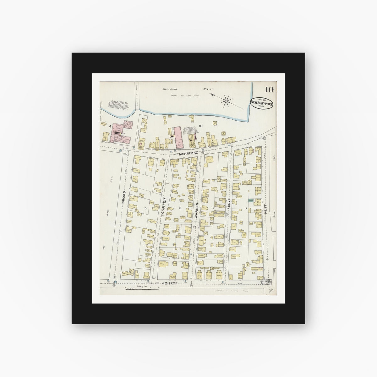 Old map wall art mockup — black gallery frame with white mat — Sanborn Fire Insurance Map from Newburyport, Essex County, Massachusetts (1888), Sheet #0010