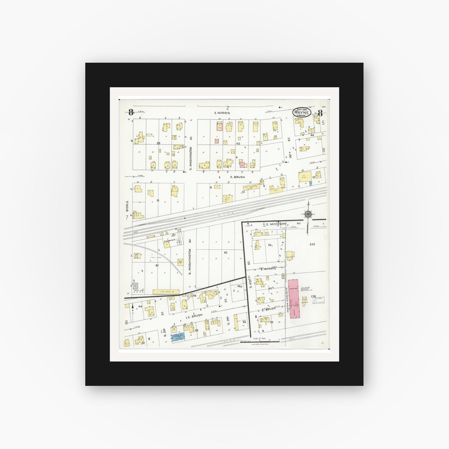 Old map wall art mockup — black gallery frame with white mat — Sanborn Fire Insurance Map from Wayne, Wayne County, Michigan (1926), Sheet #0008
