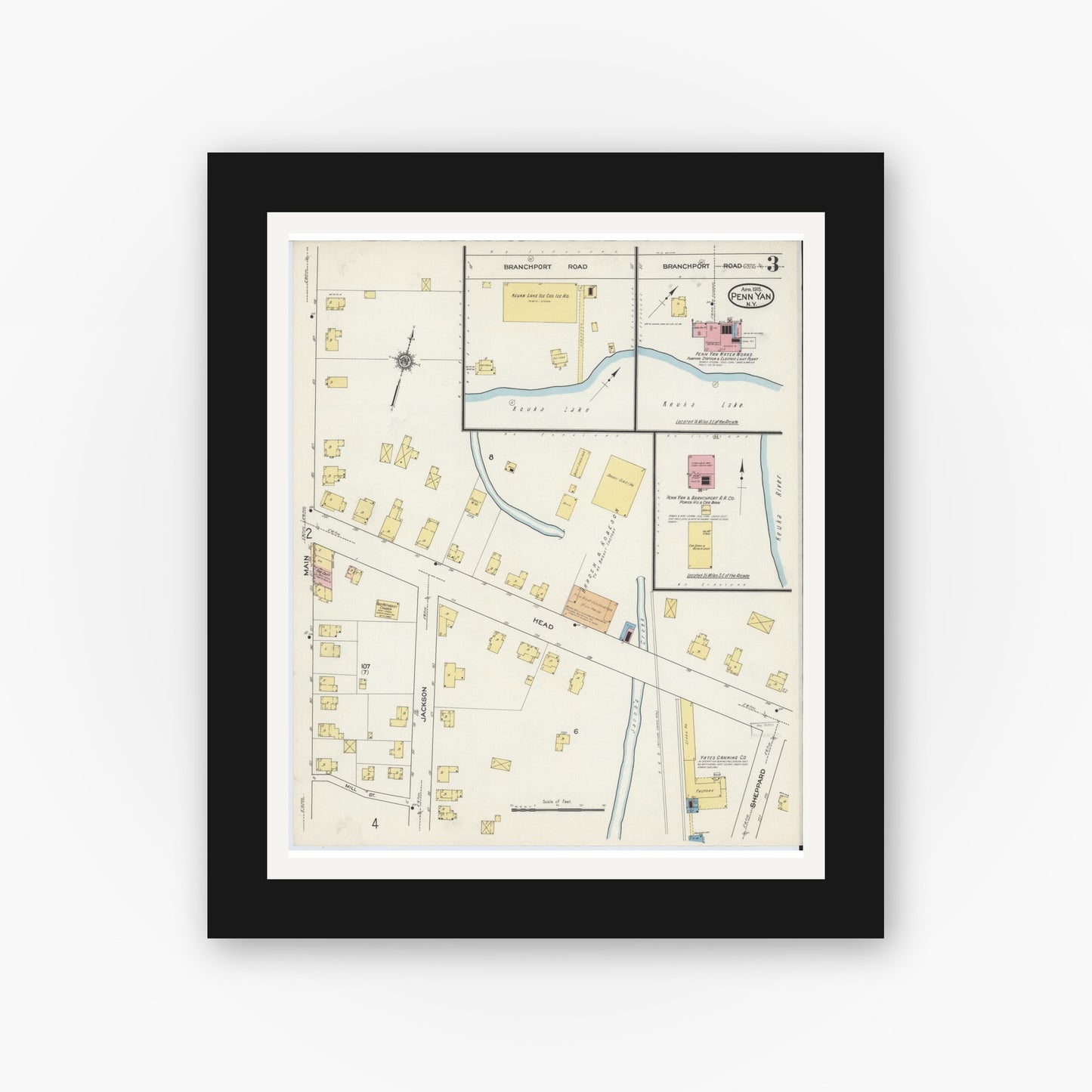 Old map wall art mockup — black gallery frame with white mat — Sanborn Fire Insurance Map from Penn Yan, Yates County, New York (1915), Sheet #0002