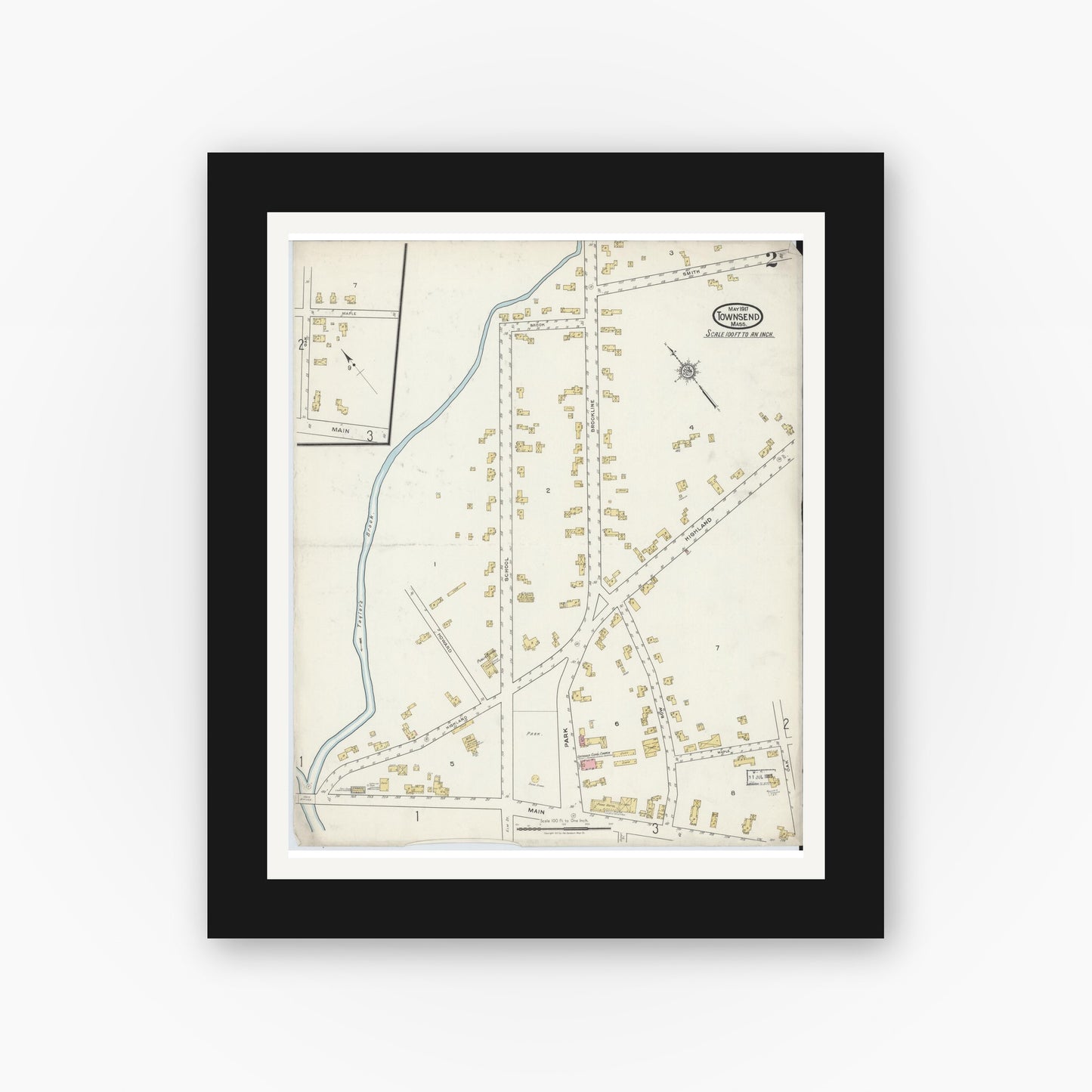 Old map wall art mockup — black gallery frame with white mat — Sanborn Fire Insurance Map from Townsend, Middlesex County, Massachusetts (1917), Sheet #0002
