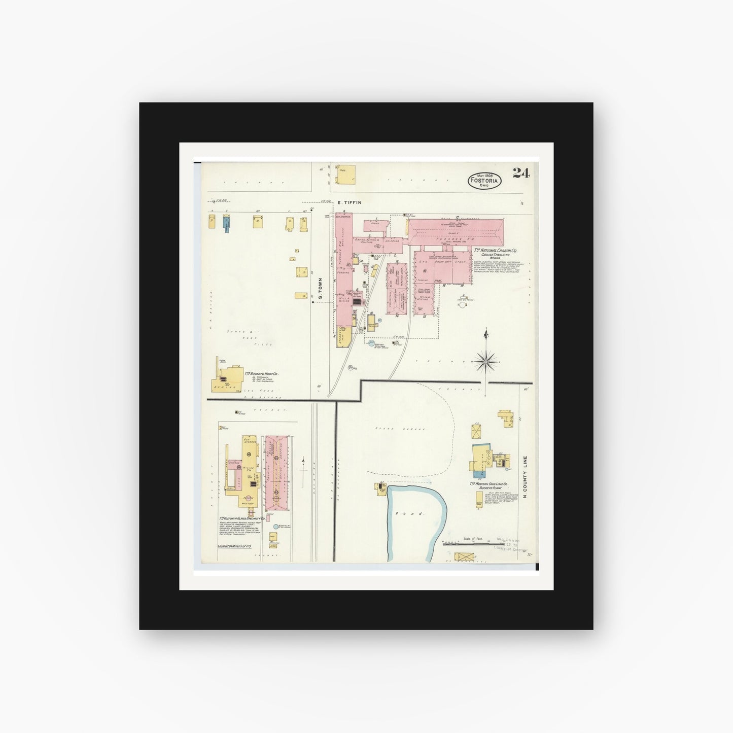 Old map wall art mockup — black gallery frame with white mat — Sanborn Fire Insurance Map from Fostoria, Seneca, Hancock, And Wood Counties, Ohio (1908), Sheet #0024