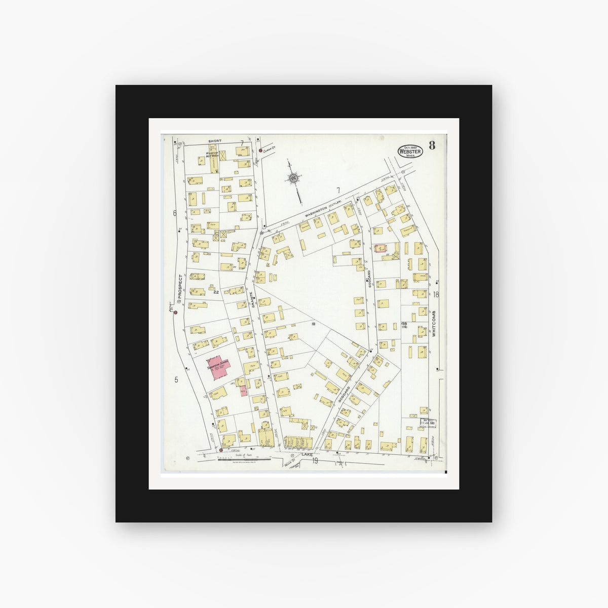 Old map wall art mockup — black gallery frame with white mat — Sanborn Fire Insurance Map from Webster, Worcester County, Massachusetts (1920), Sheet #0008
