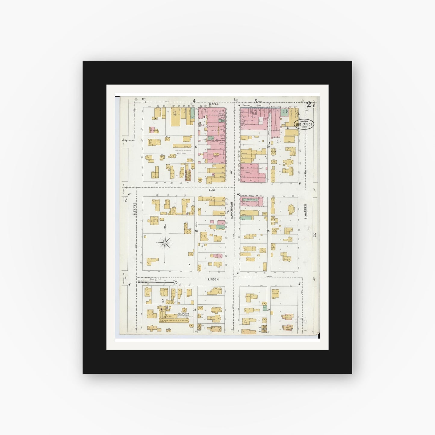 Old map wall art mockup — black gallery frame with white mat — Sanborn Fire Insurance Map from Big Rapids, Mecosta County, Michigan (1899), Sheet #0002