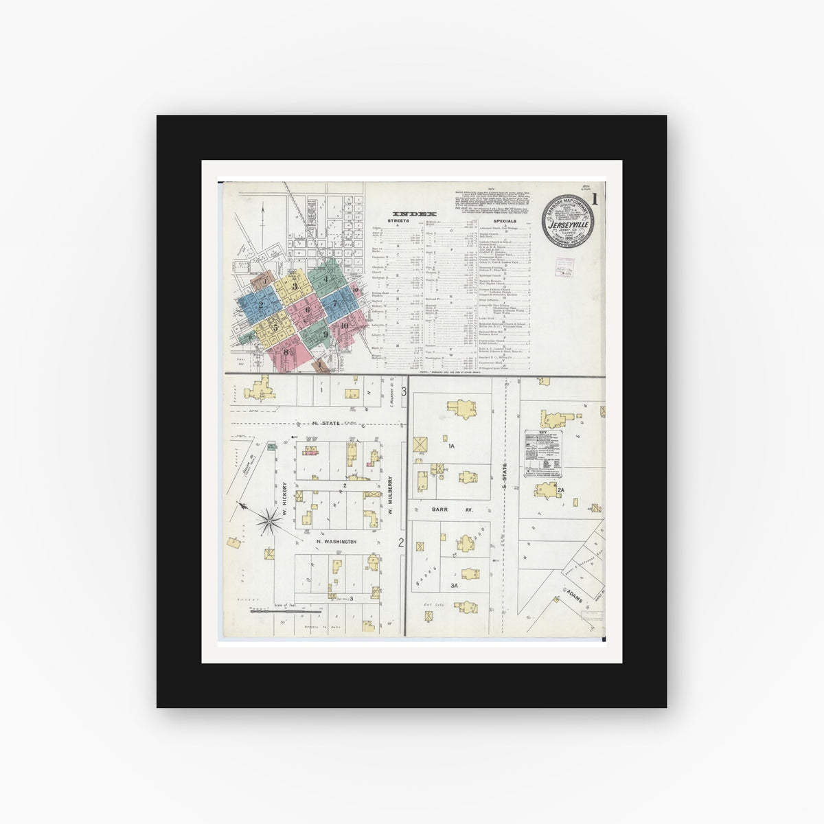 Old map wall art mockup — black gallery frame with white mat — Sanborn Fire Insurance Map from Jerseyville, Jersey County, Illinois (1906) - Complete Map Set