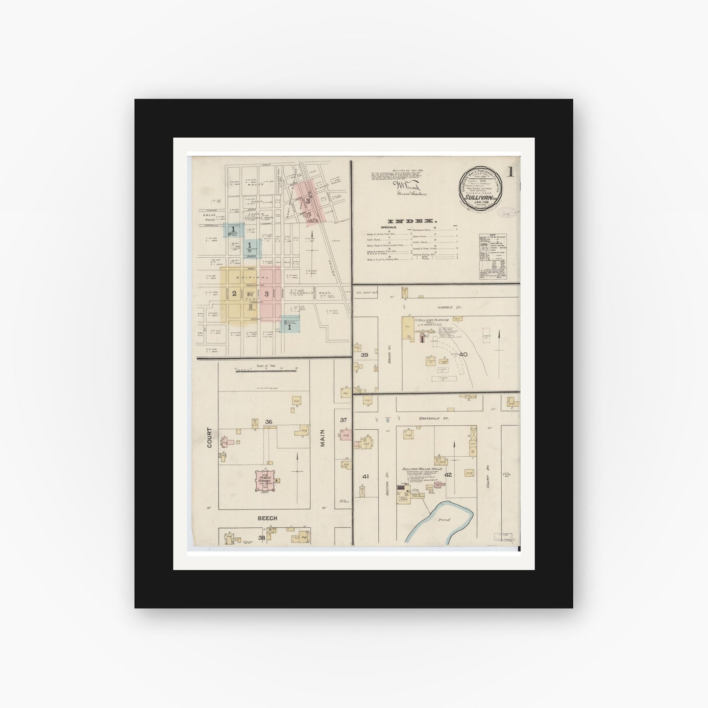 Old map wall art mockup — black gallery frame with white mat — Sanborn Fire Insurance Map from Sullivan, Sullivan County, Indiana (1888) - Complete Map Set