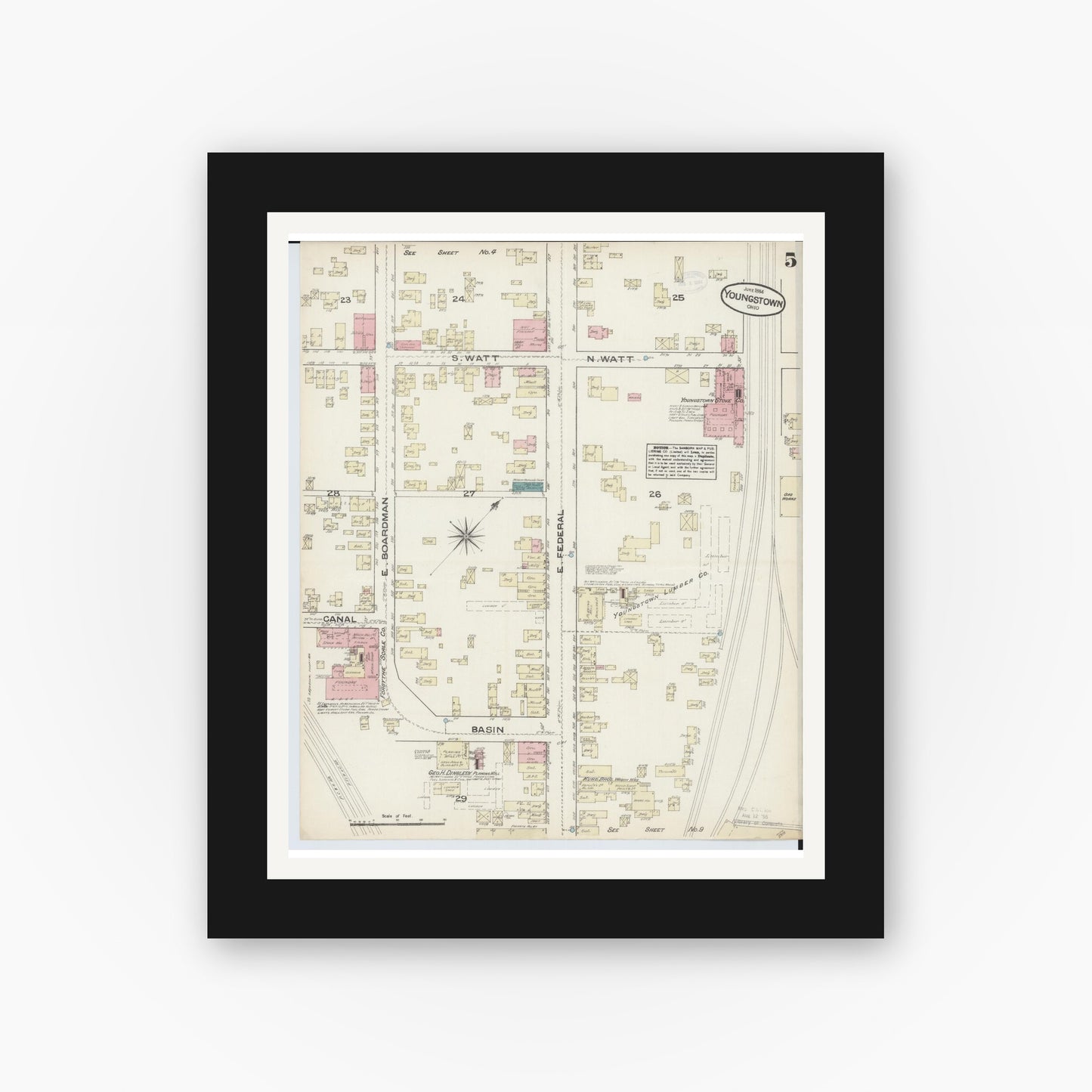 Old map wall art mockup — black gallery frame with white mat — Sanborn Fire Insurance Map from Youngstown, Mahoning County, Ohio (1884), Sheet #0005