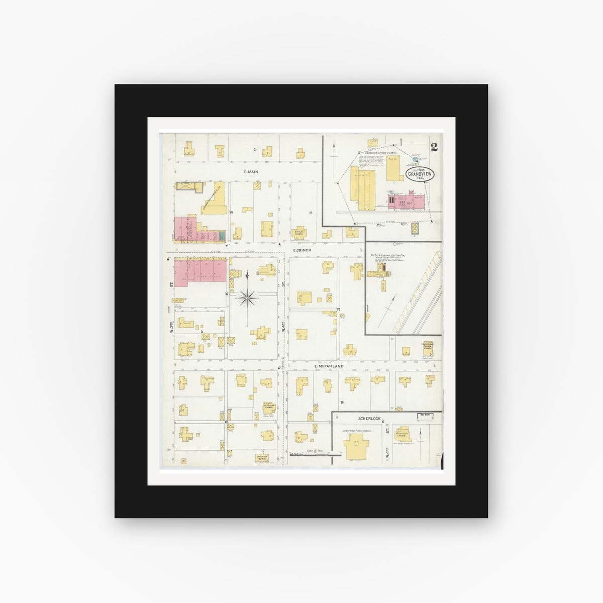 Old map wall art mockup — black gallery frame with white mat — Sanborn Fire Insurance Map from Grandview, Johnson County, Texas (1905), Sheet #0002