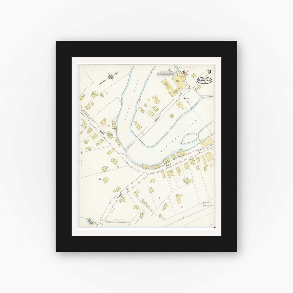Old map wall art mockup — black gallery frame with white mat — Sanborn Fire Insurance Map from Warrensburg, Warren County, New York (1912), Sheet #0009