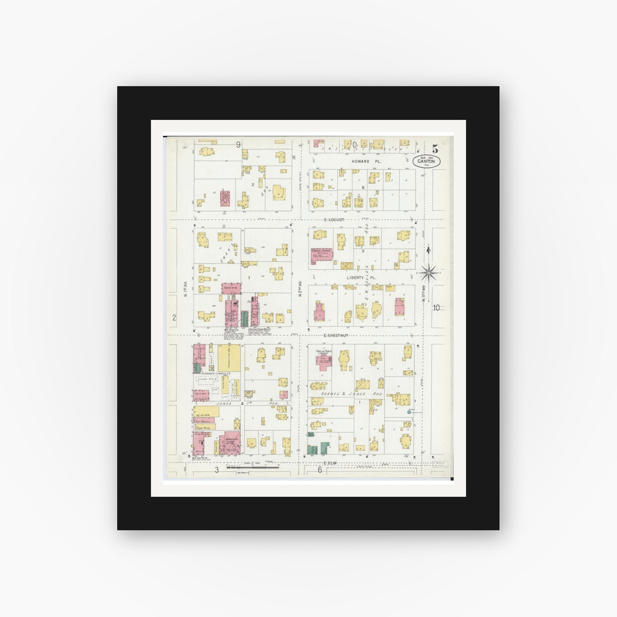 Old map wall art mockup — black gallery frame with white mat — Sanborn Fire Insurance Map from Canton, Fulton County, Illinois (1902), Sheet #0005
